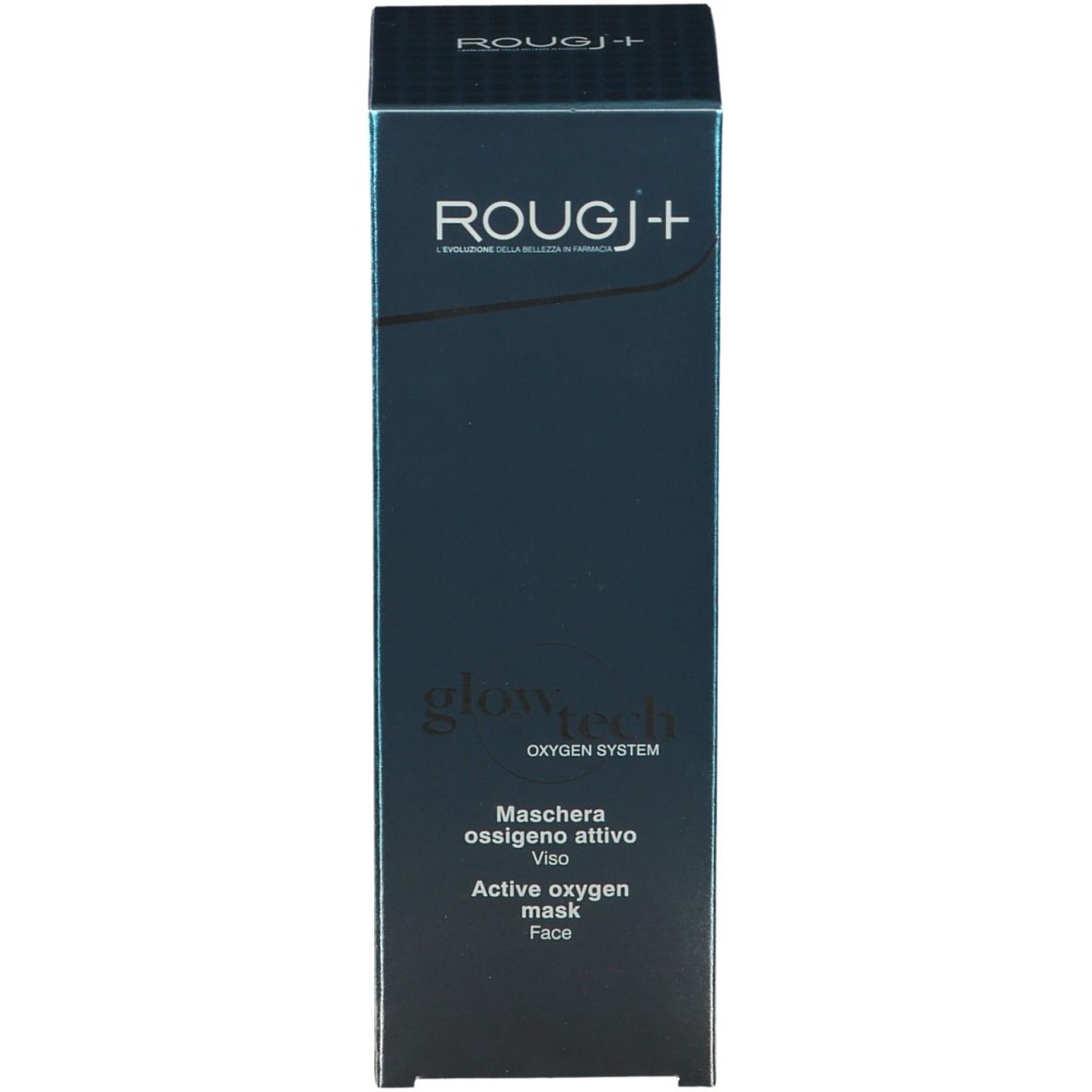 Produktverpackung. ROUGJ+ und glowtech-Schriftzug. Aufschrift: Maschera ossigeno attivo Viso, Active oxygen mask, Face.