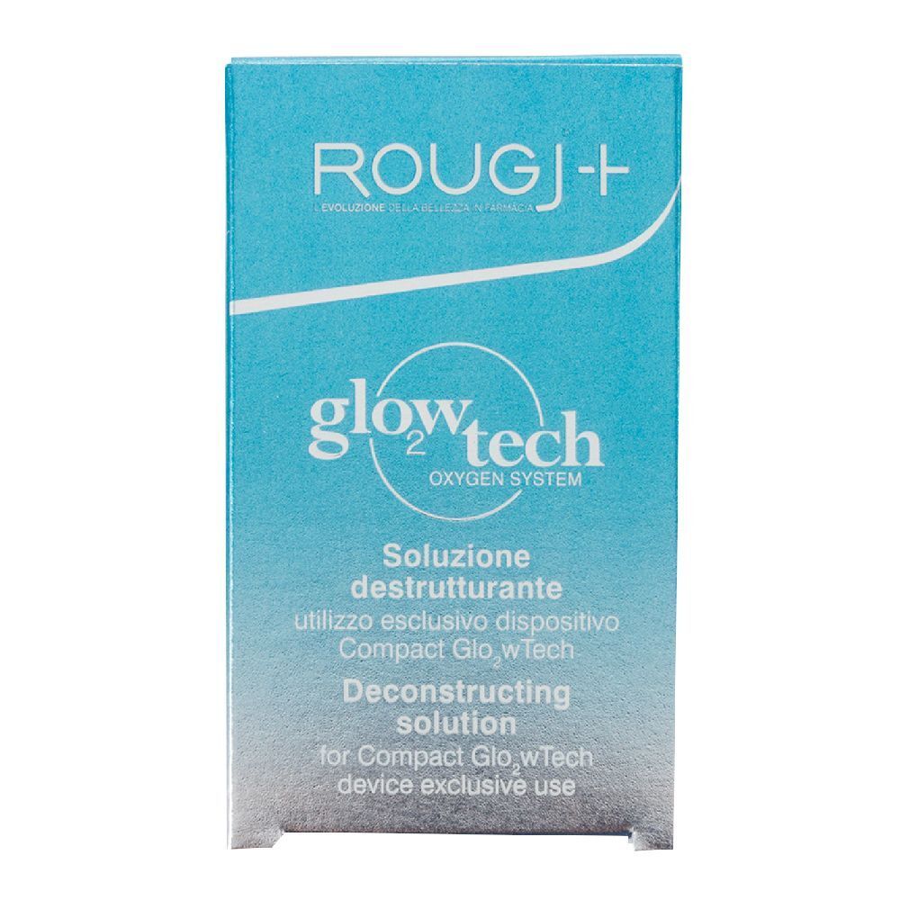Emballage bleu et blanc. Texte : ROUGJ+, glow tech, solution déconstructrice. Pour appareil Compact GlowTech.