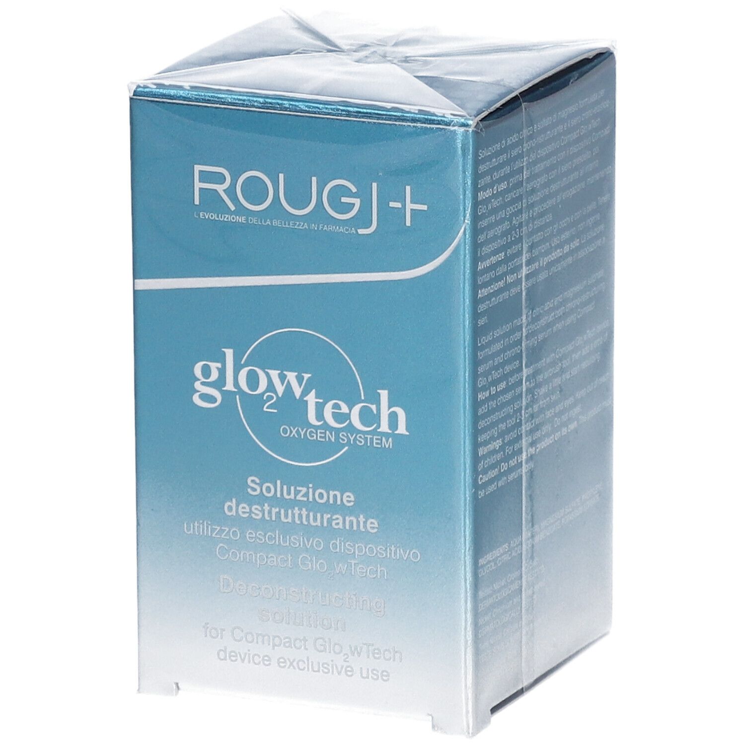 Emballage produit, bleu et blanc. Texte : ROUGJ+, glow tech, solution déconstructrice. Pour appareil Compact GlowTech.