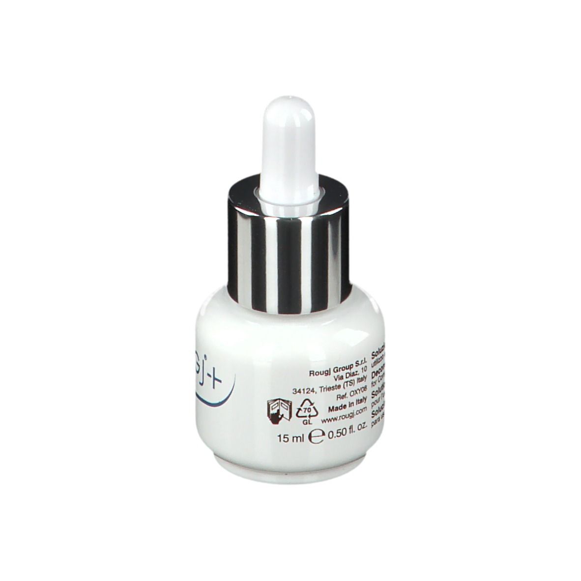 Petite bouteille blanche avec bouchon argenté et pipette. Texte : ROUGJ+, 15 ml, 0,50 fl. oz.