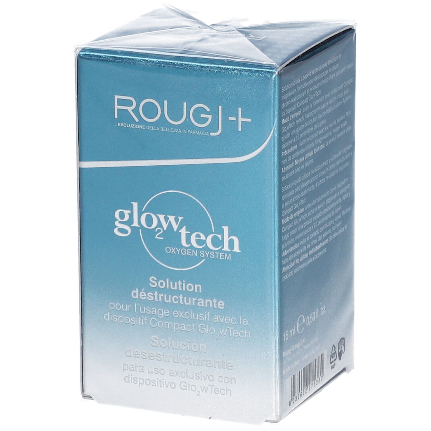 Emballage produit, bleu et blanc. Texte : ROUGJ+, glow tech, solution déconstructrice. Pour appareil Compact GlowTech.