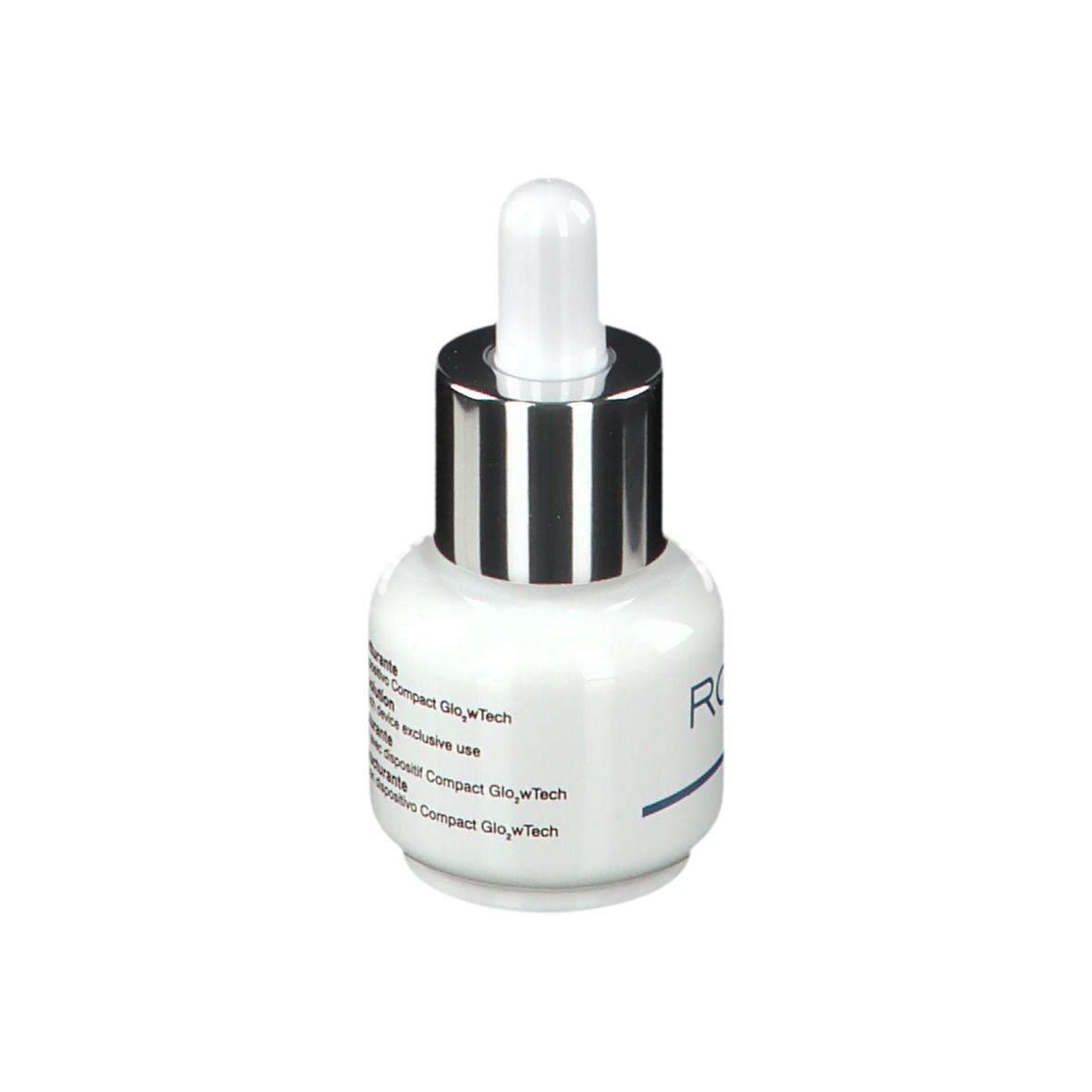 Petite bouteille blanche avec bouchon argenté et pipette. Texte : ROUGJ+.