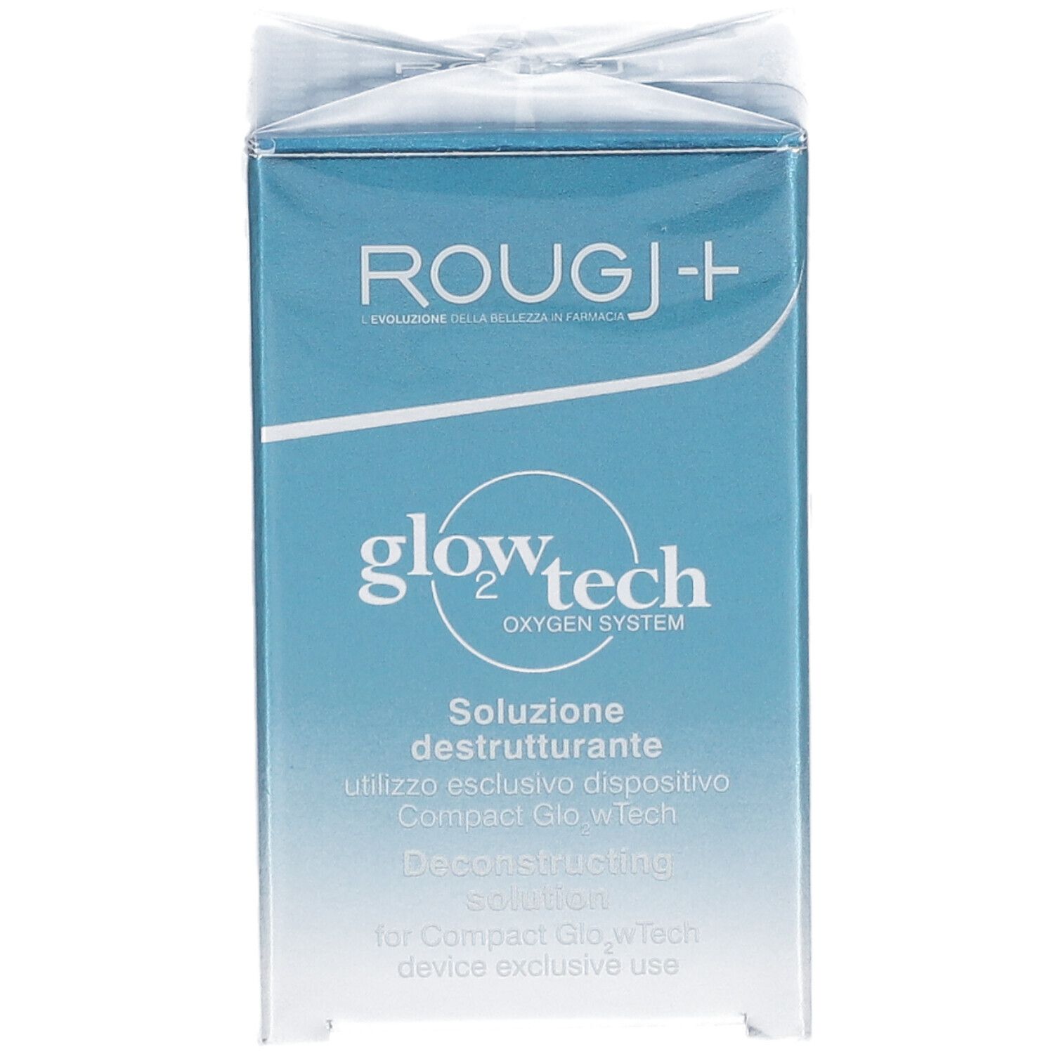 Emballage bleu et blanc. Texte : ROUGJ+, glow tech, solution déconstructrice. Pour appareil Compact GlowTech.
