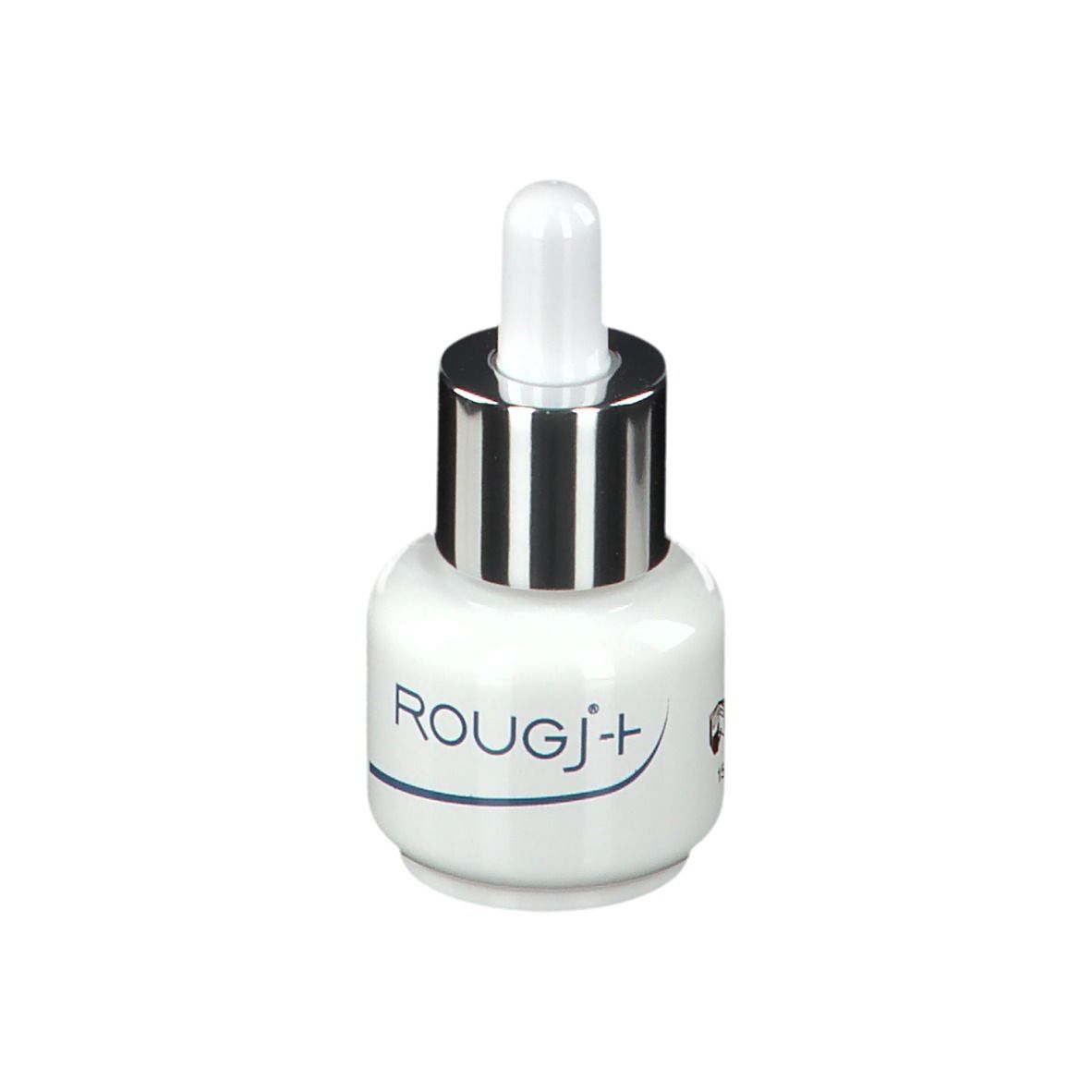 Petite bouteille blanche avec bouchon argenté et pipette. Texte : ROUGJ+.