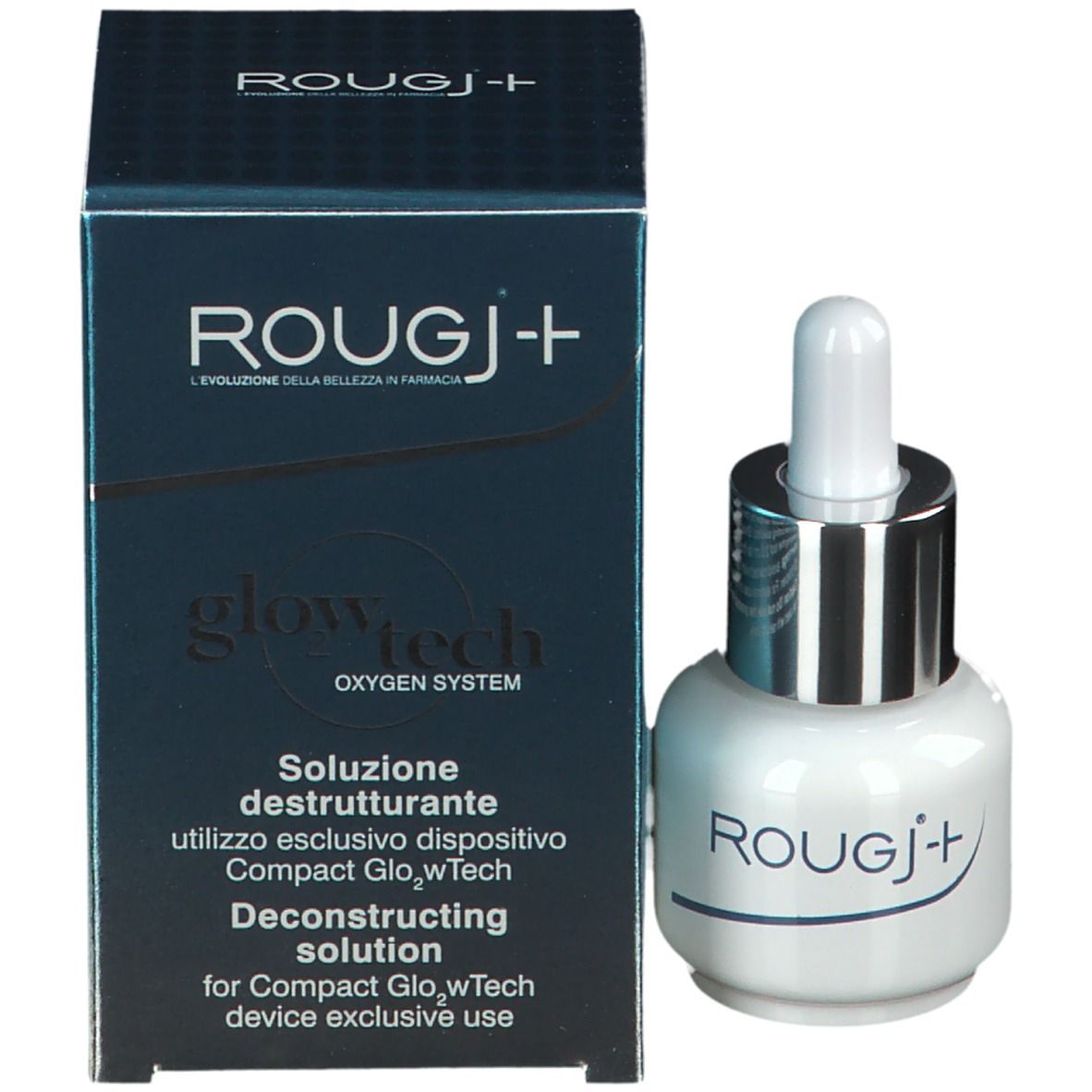 Emballage et flacon. Emballage : ROUGJ+, glow tech. Flacon : blanc, bouchon argenté, pipette.