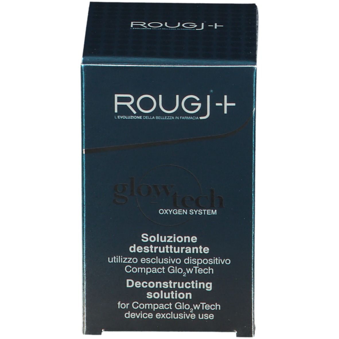 Emballage produit. Texte : ROUGJ+, glow tech, solution déconstructrice. Pour appareil Compact GlowTech.
