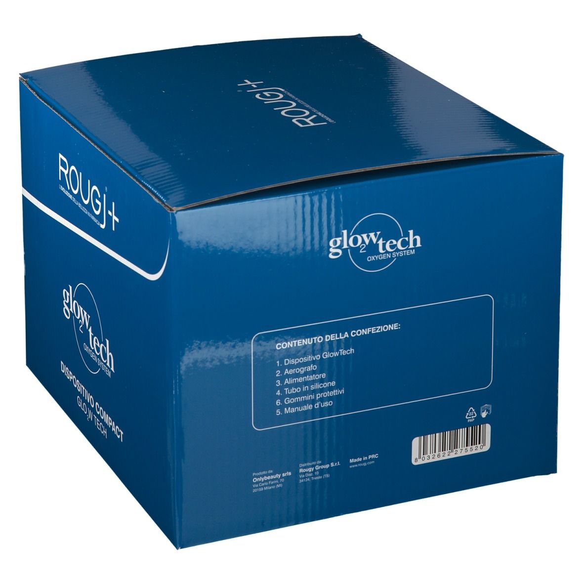 Scatola blu con nome prodotto ROUGJ+ e glowtech. Sul retro sono elencati i componenti del prodotto.
