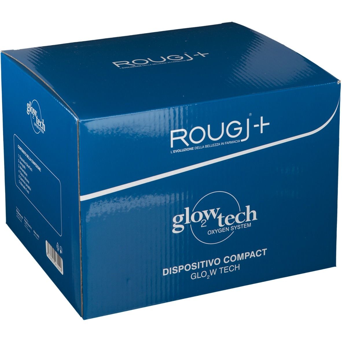 Scatola blu con nome prodotto ROUGJ+ e glowtech. La scatola mostra il prodotto e il marchio.