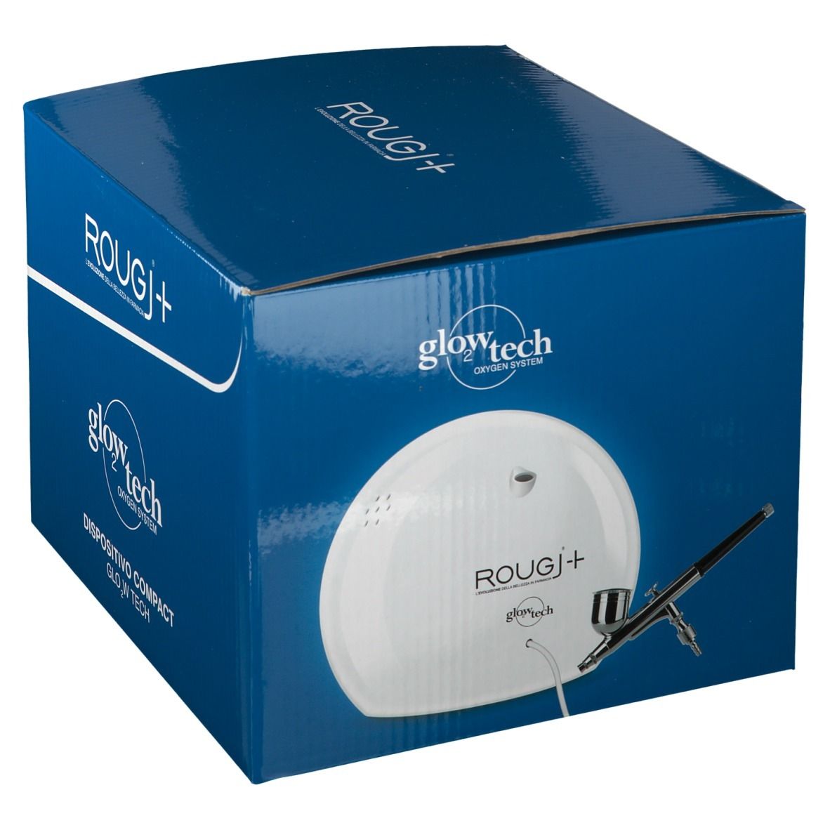 Scatola blu con nome prodotto ROUGJ+ e glowtech. Sul fronte è raffigurato un dispositivo bianco con accessori.