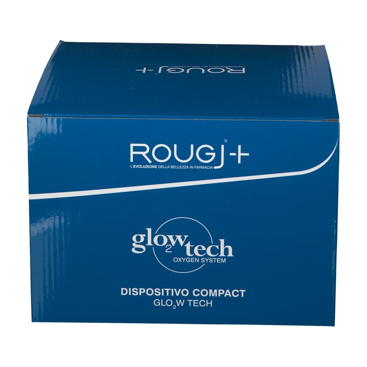 Scatola blu con nome prodotto ROUGJ+ e glowtech. La scatola mostra il prodotto e il marchio.