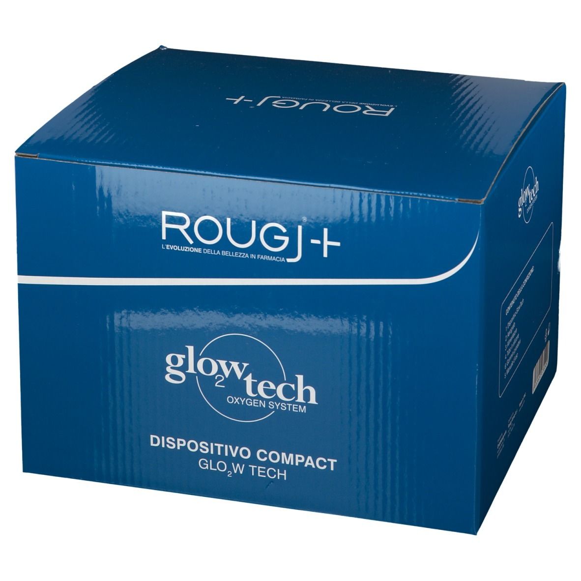 Scatola blu con nome prodotto ROUGJ+ e glowtech. La scatola mostra il prodotto e il marchio.