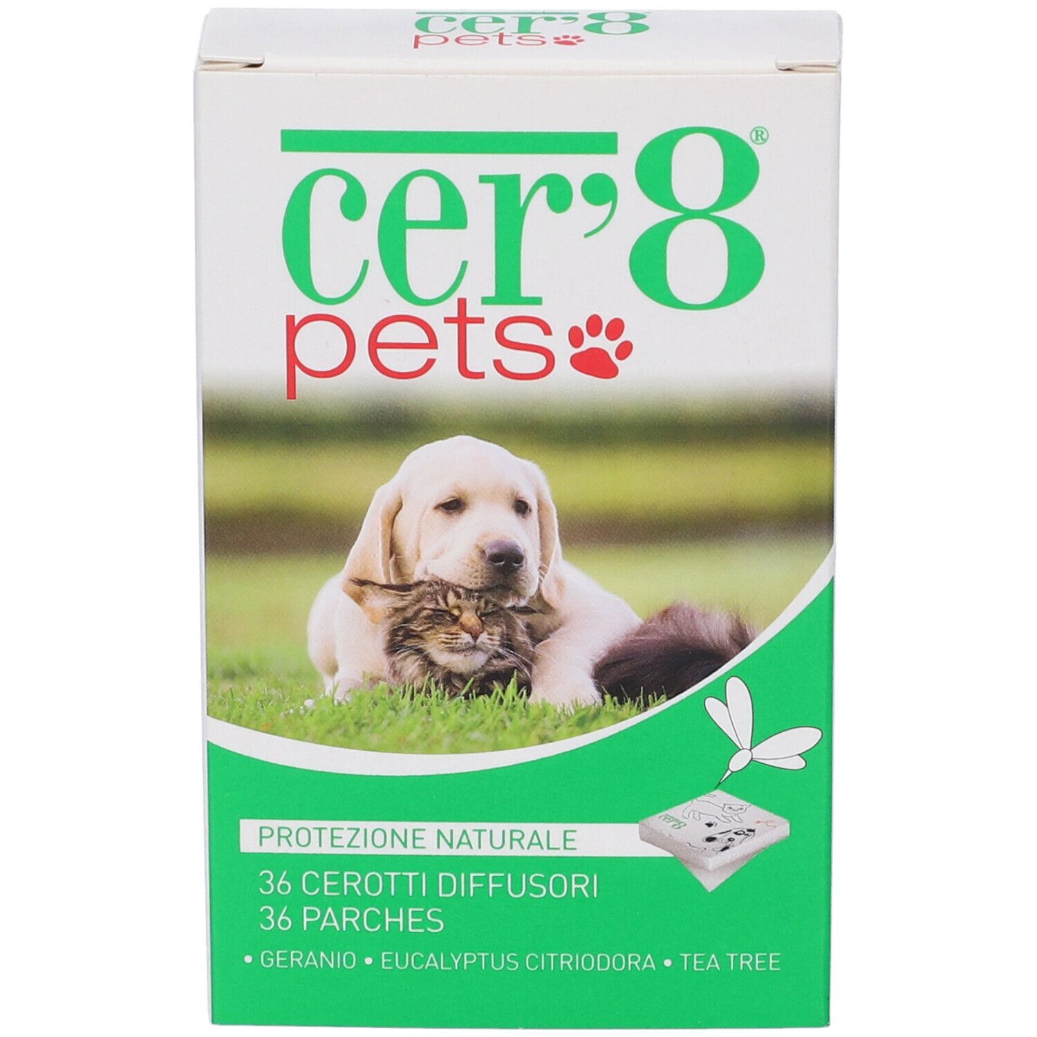 Cer'8 Pets cerotti naturali protettivi per animali, 36 pezzi con oli di geranio, eucalipto e tea tree.