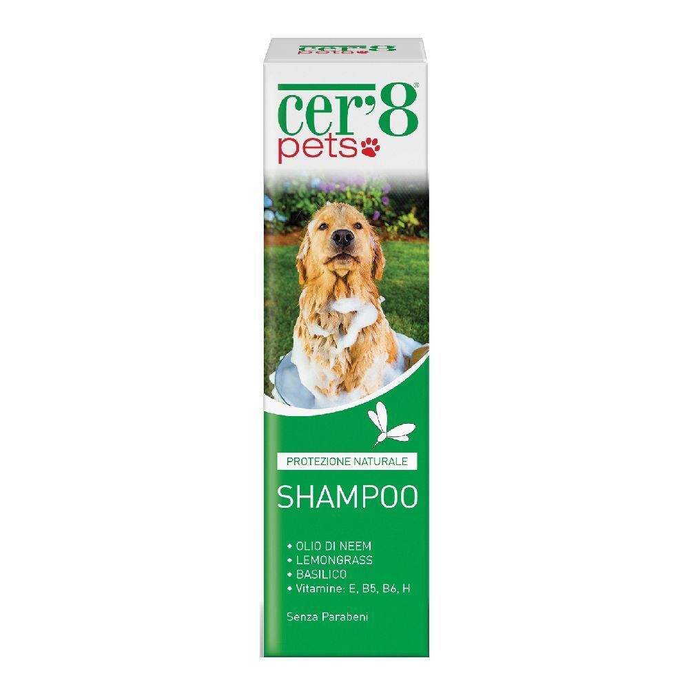 Confezione di shampoo Cer'8 Pets. Confezione verde e bianca con foto di cane. Contiene olio di neem, citronella, basilico.