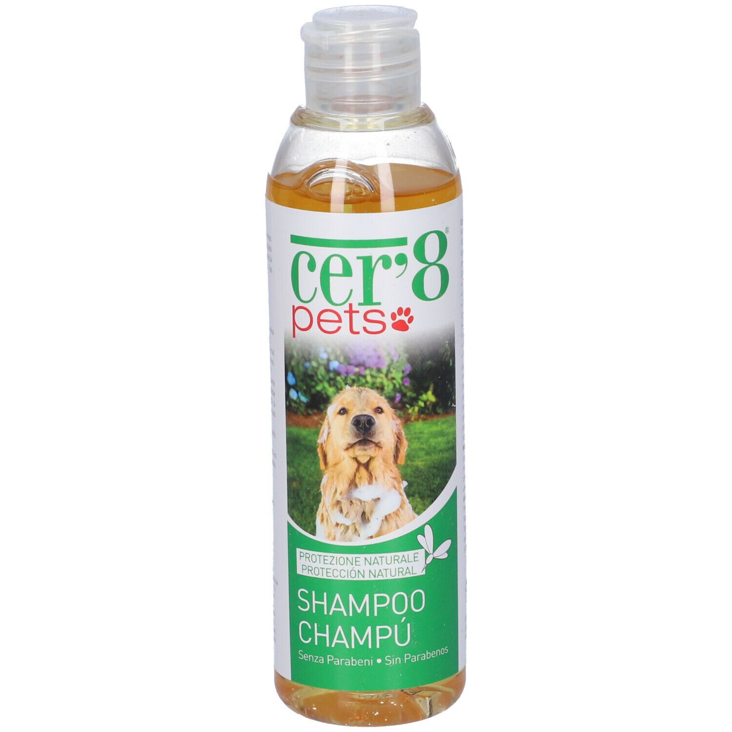 Flacone di shampoo Cer'8 Pets. Flacone trasparente con liquido giallastro. Etichetta con foto di cane e informazioni sul prodotto.