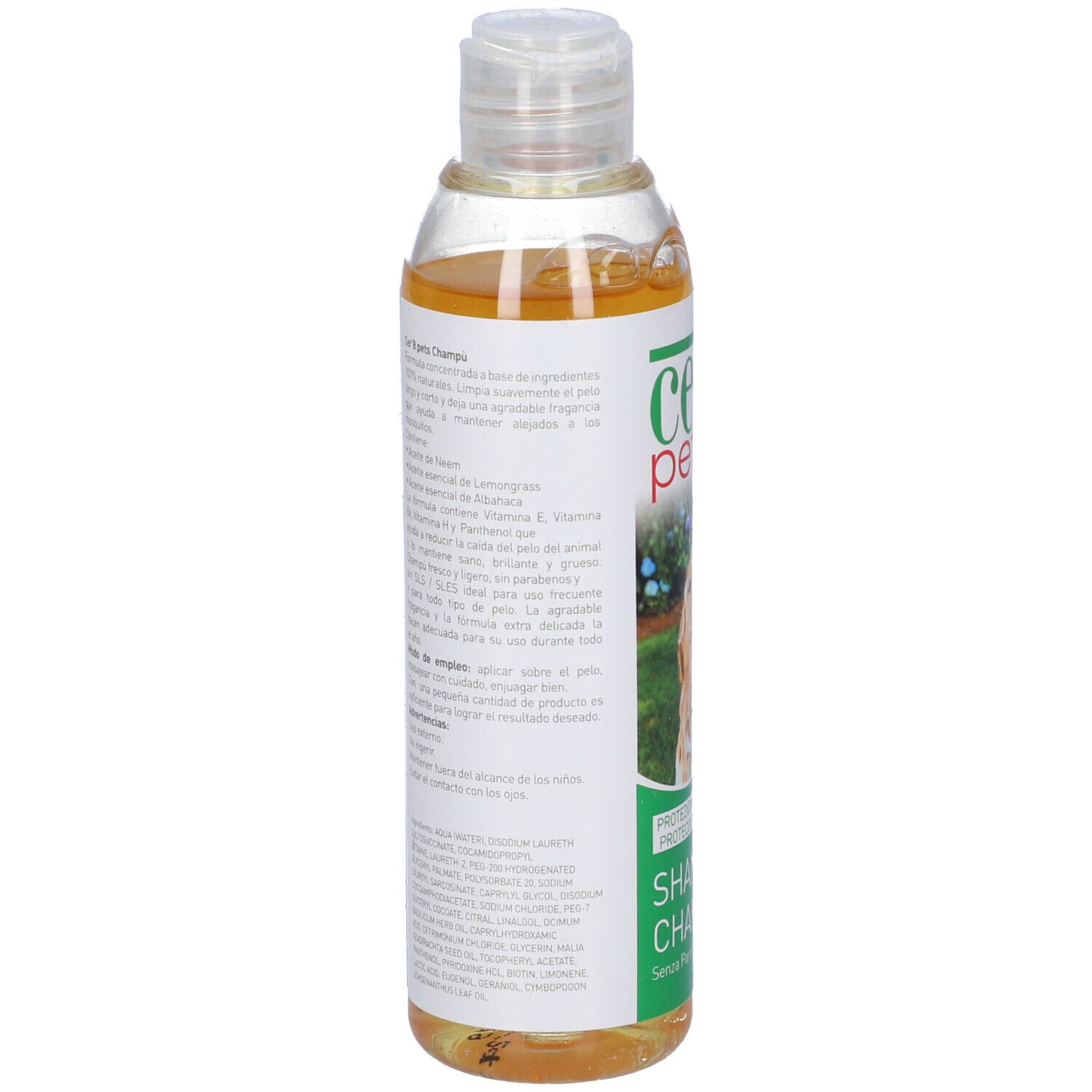 Retro del flacone di shampoo Cer'8 Pets. Testo con informazioni sul prodotto e ingredienti. Flacone trasparente con liquido giallastro.