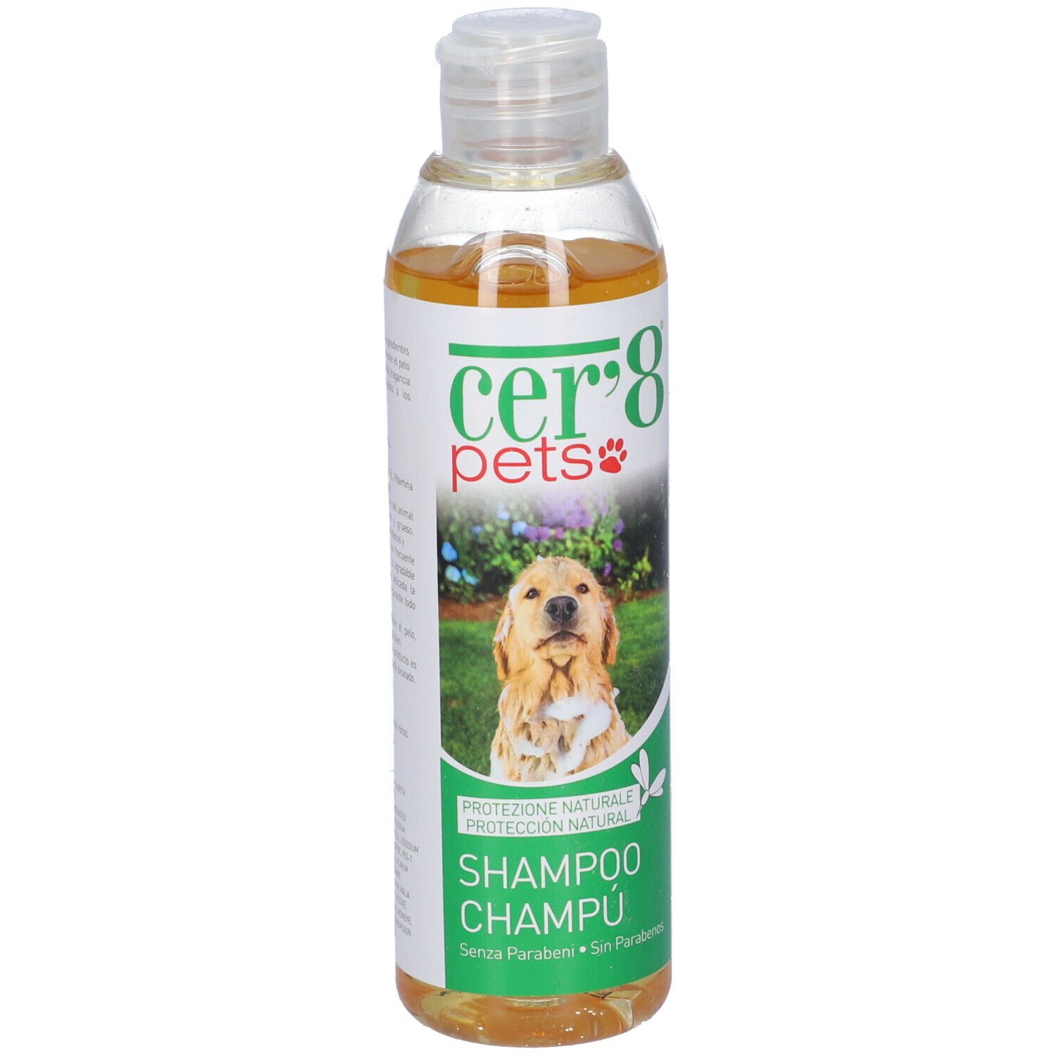 Flacone di shampoo Cer'8 Pets. Flacone trasparente con liquido giallastro. Etichetta con foto di cane e informazioni sul prodotto.