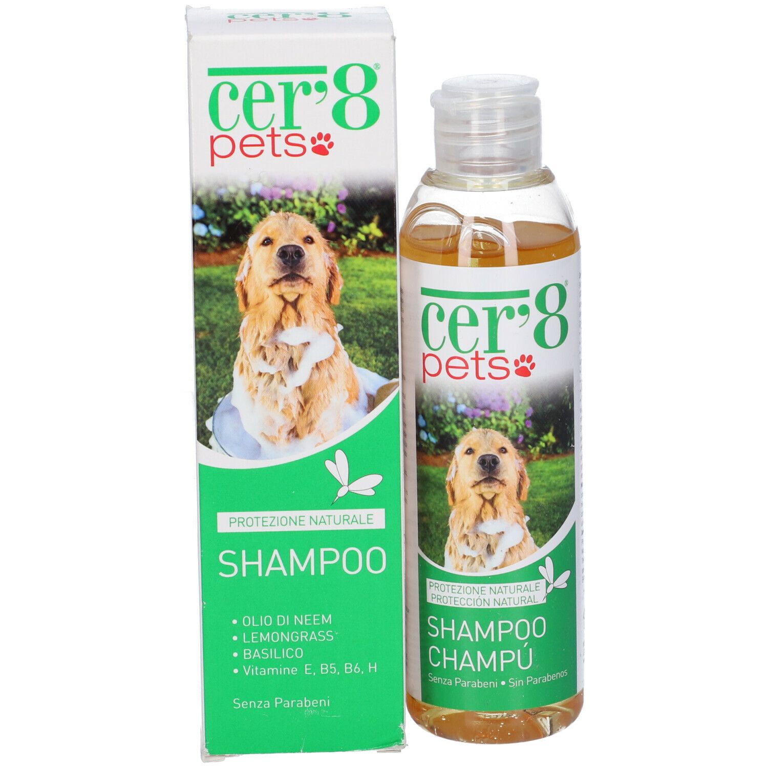 Flacone e confezione di shampoo Cer'8 Pets. Flacone con foto di cane. Confezione con informazioni sul prodotto. Design verde e bianco.