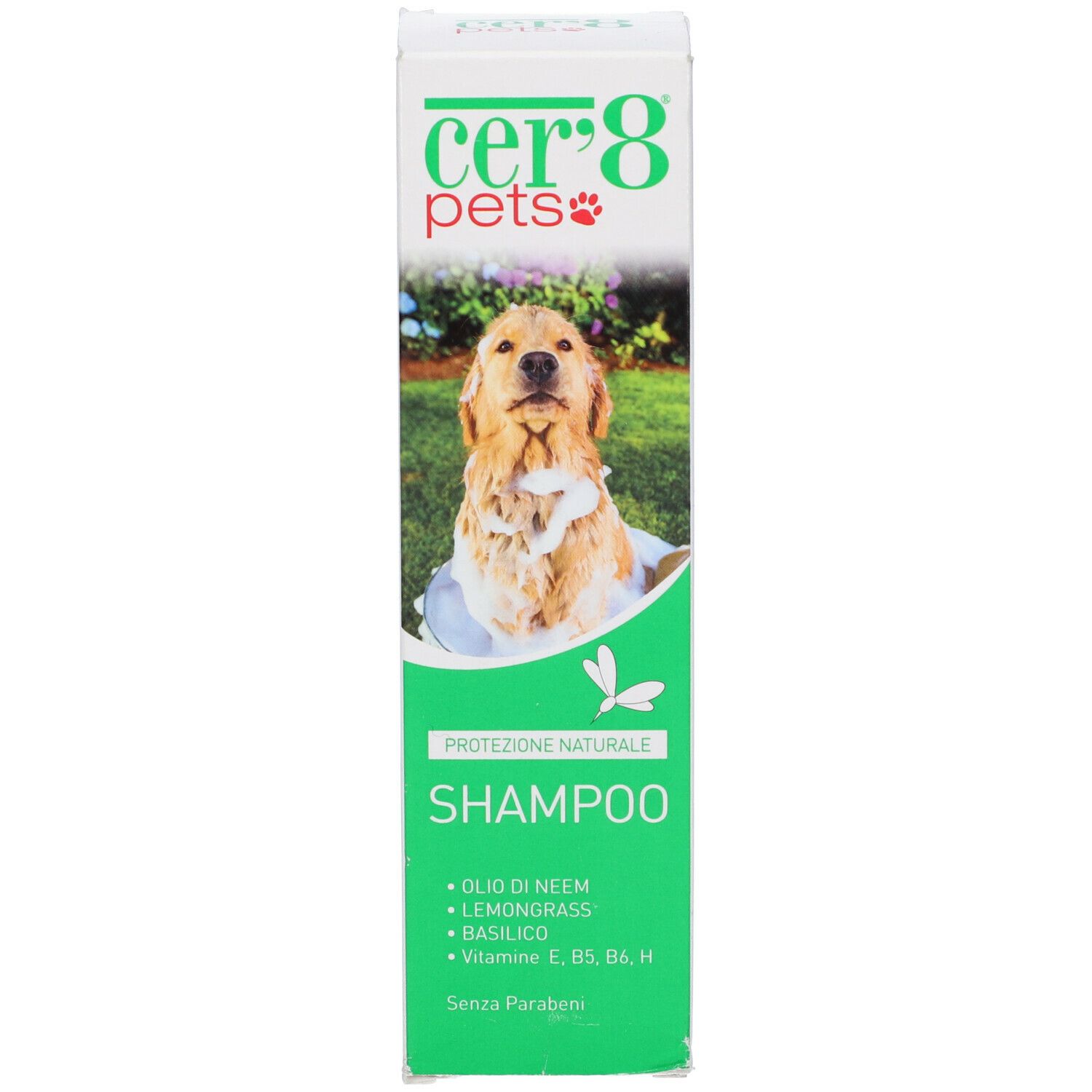 Confezione di shampoo Cer'8 Pets. Confezione verde e bianca con foto di cane. Contiene olio di neem, citronella, basilico.