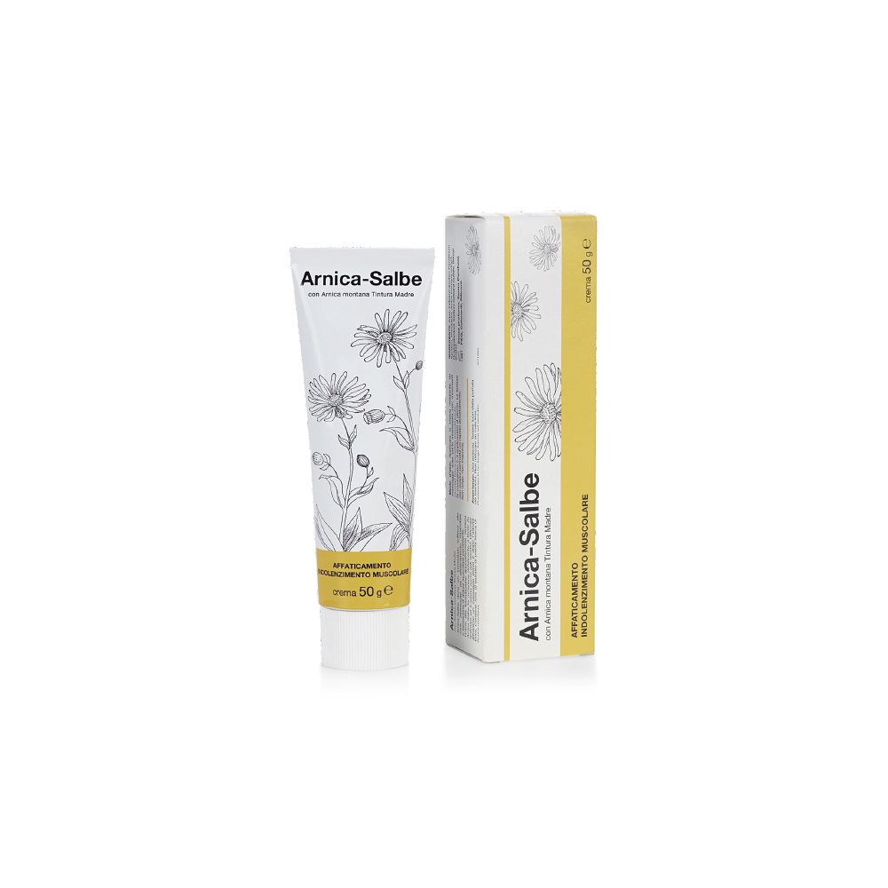 Tubo e scatola di crema. Scritta: Arnica-Salbe. Illustrazione: margherite. Contenuto: 50 g.