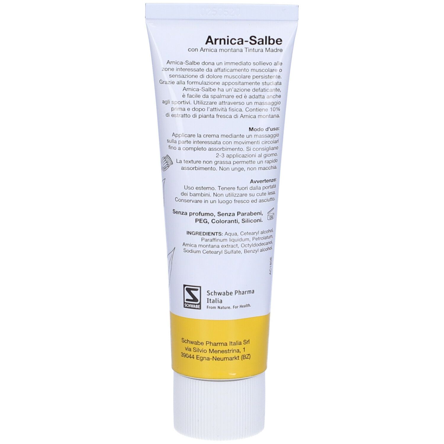 Tubo con testo: Arnica-Salbe. Retro con testo e ingredienti. Logo: Schwabe Pharma Italia.