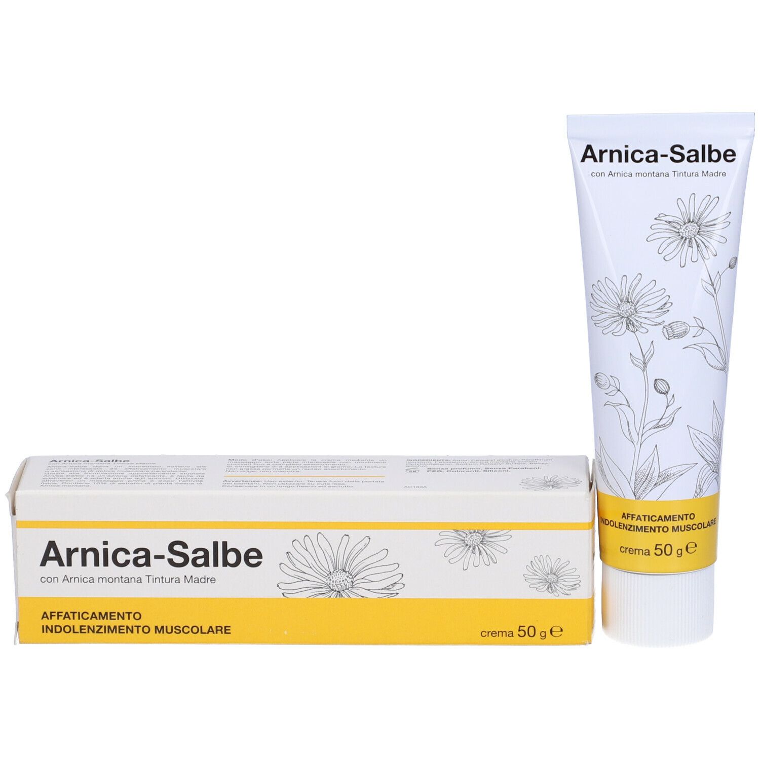 Tubo e scatola. Scritta: Arnica-Salbe. Illustrazione: margherite. Contenuto: 50 g.