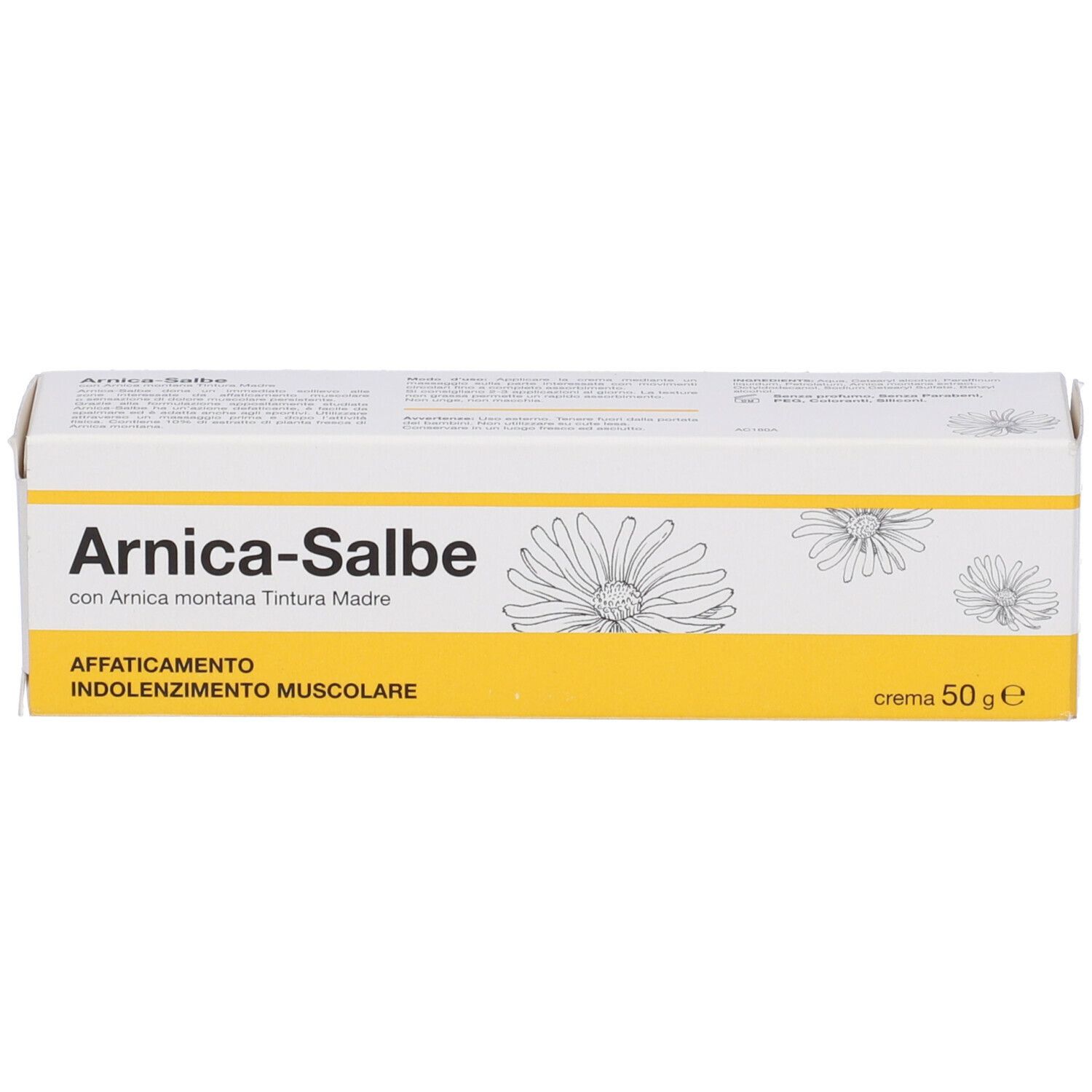 Scatola con scritta: Arnica-Salbe. Illustrazione: margherite. Contenuto: 50 g.