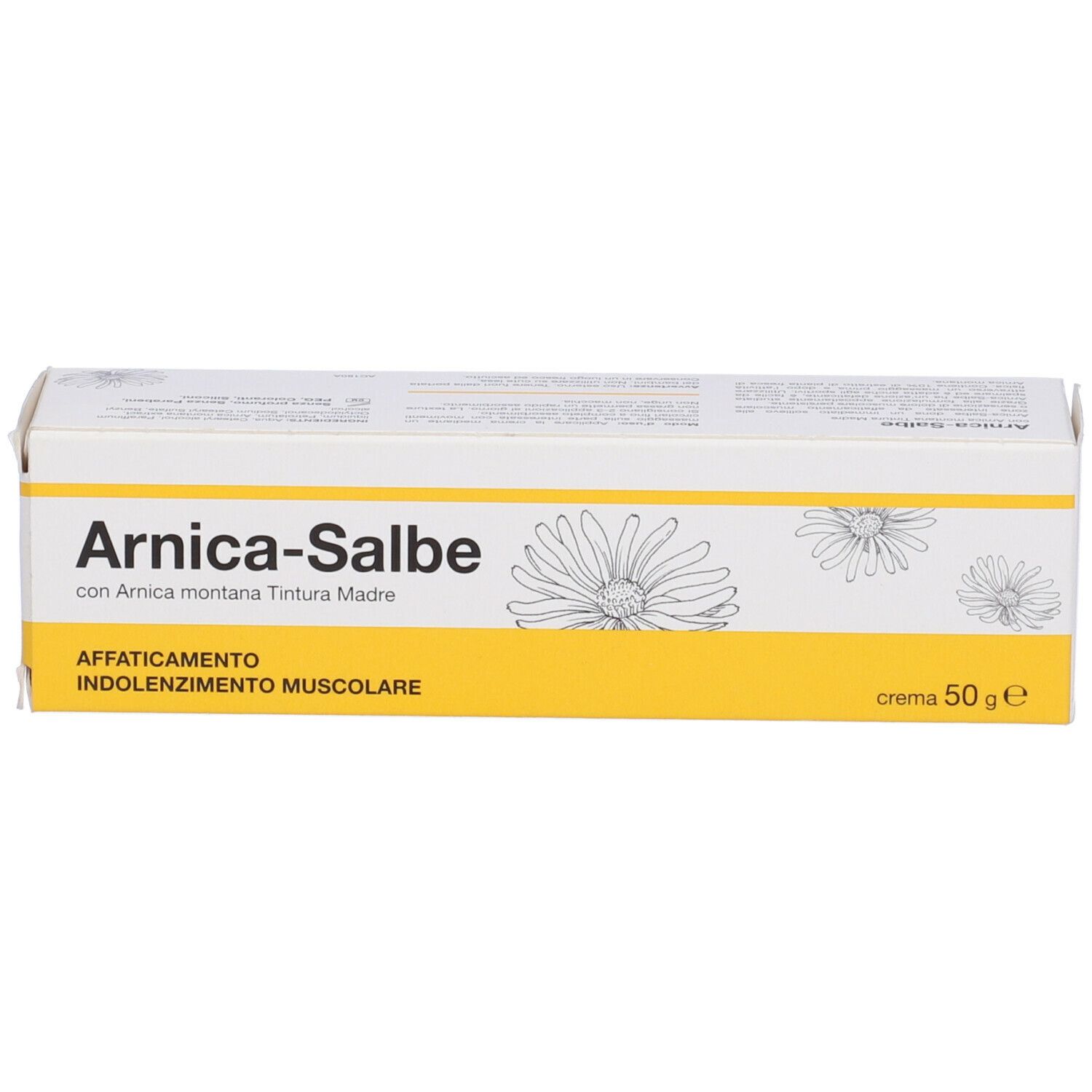 Scatola con scritta: Arnica-Salbe. Illustrazione: margherite. Contenuto: 50 g.