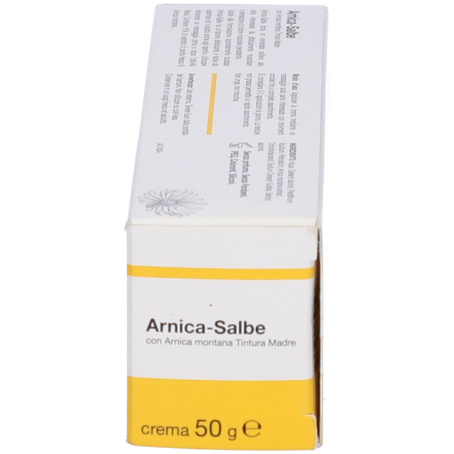 Scatola. Scritta: Arnica-Salbe. Testo e contenuto. Lato con testo.
