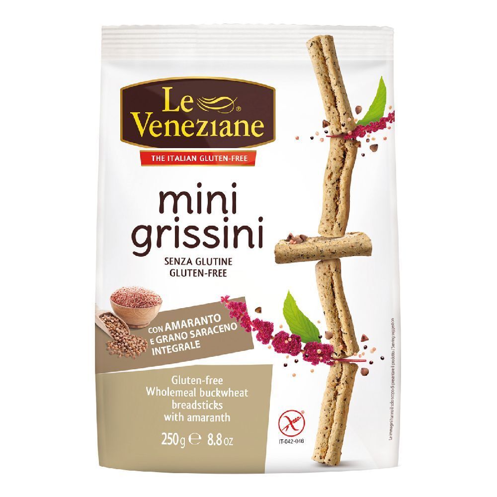 Confezione di mini grissini senza glutine. Contiene amaranto e grano saraceno. Marca: Le Veneziane.