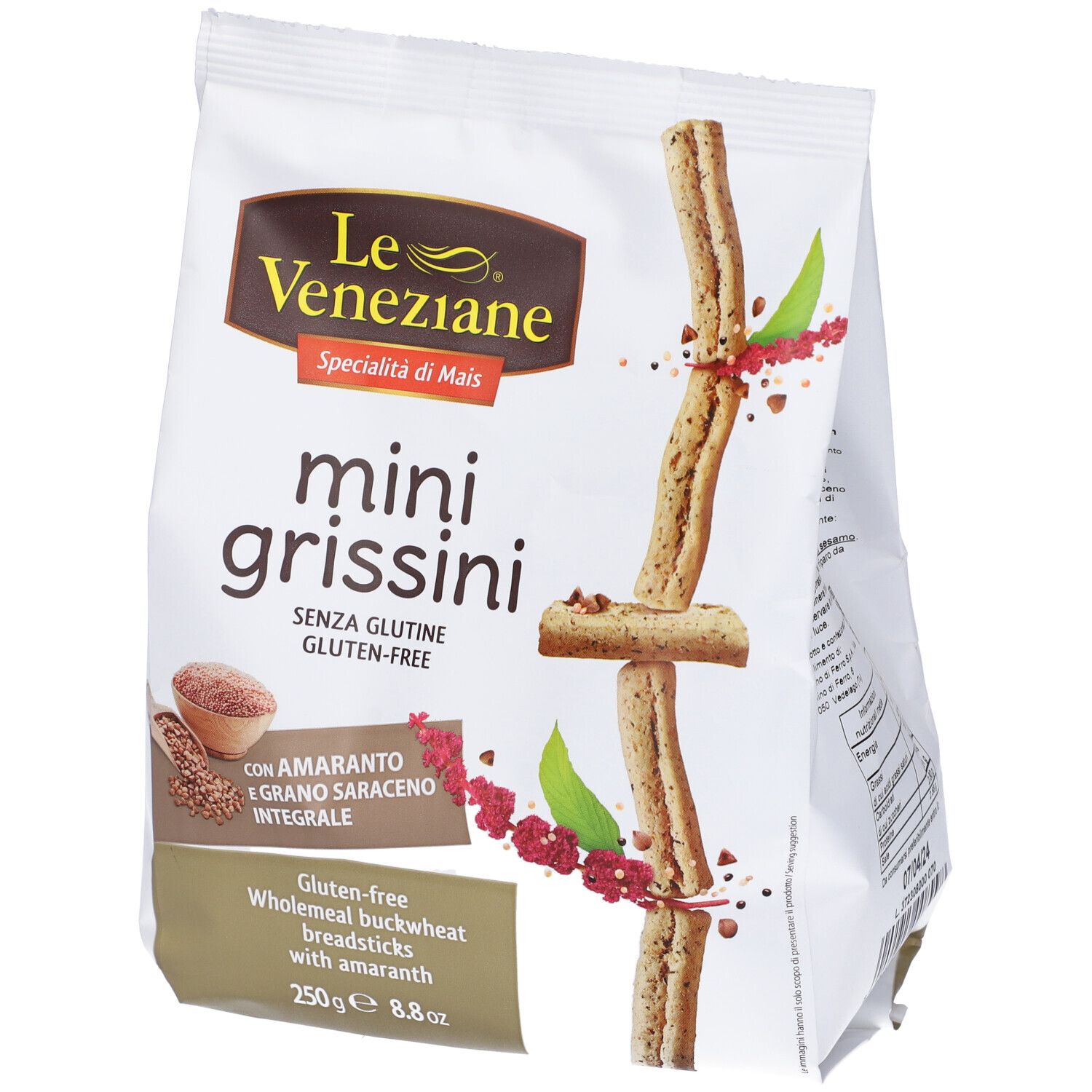 Confezione di mini grissini senza glutine. Contiene amaranto e grano saraceno. Marca: Le Veneziane.