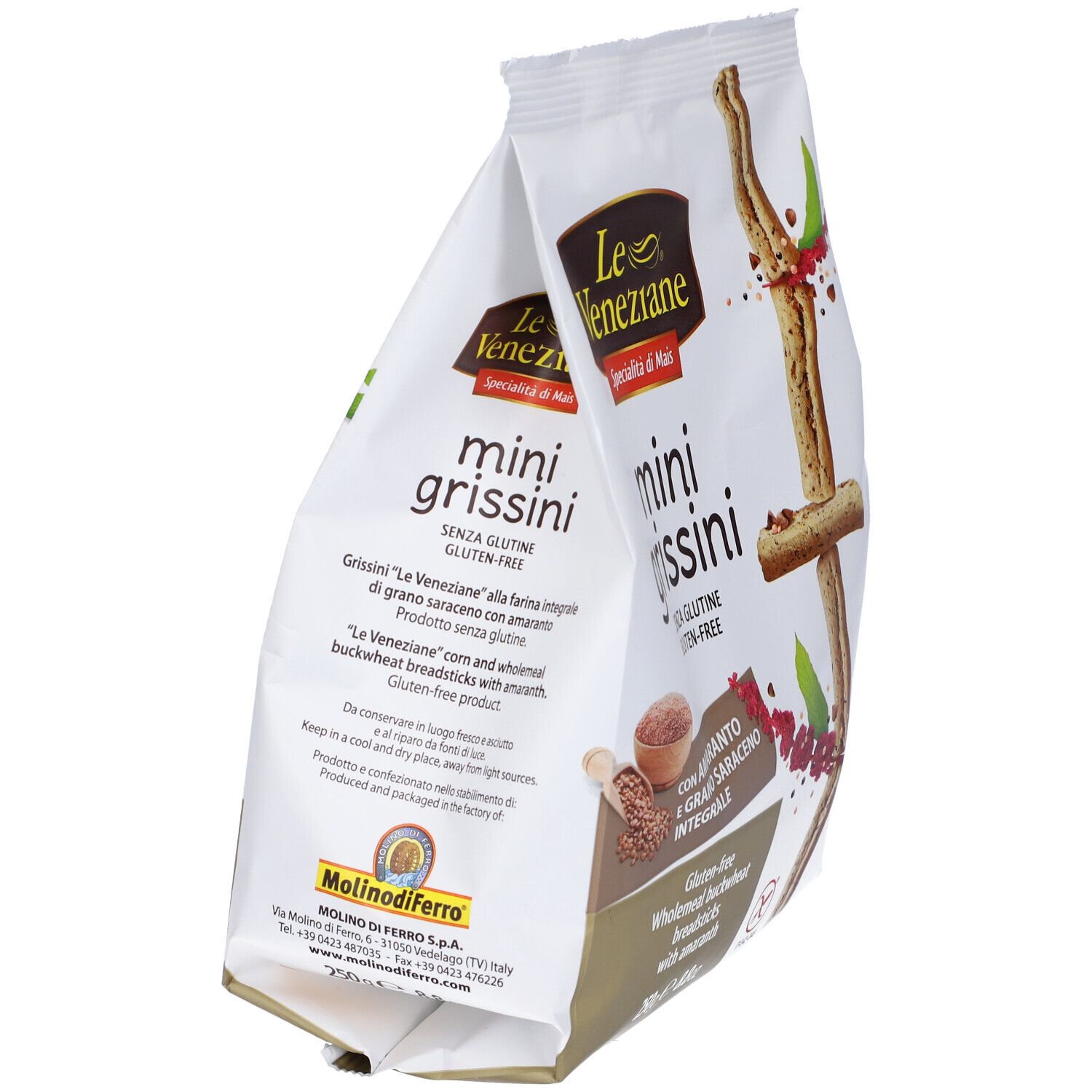 Confezione di mini grissini senza glutine. Contiene amaranto e grano saraceno. Marca: Le Veneziane.