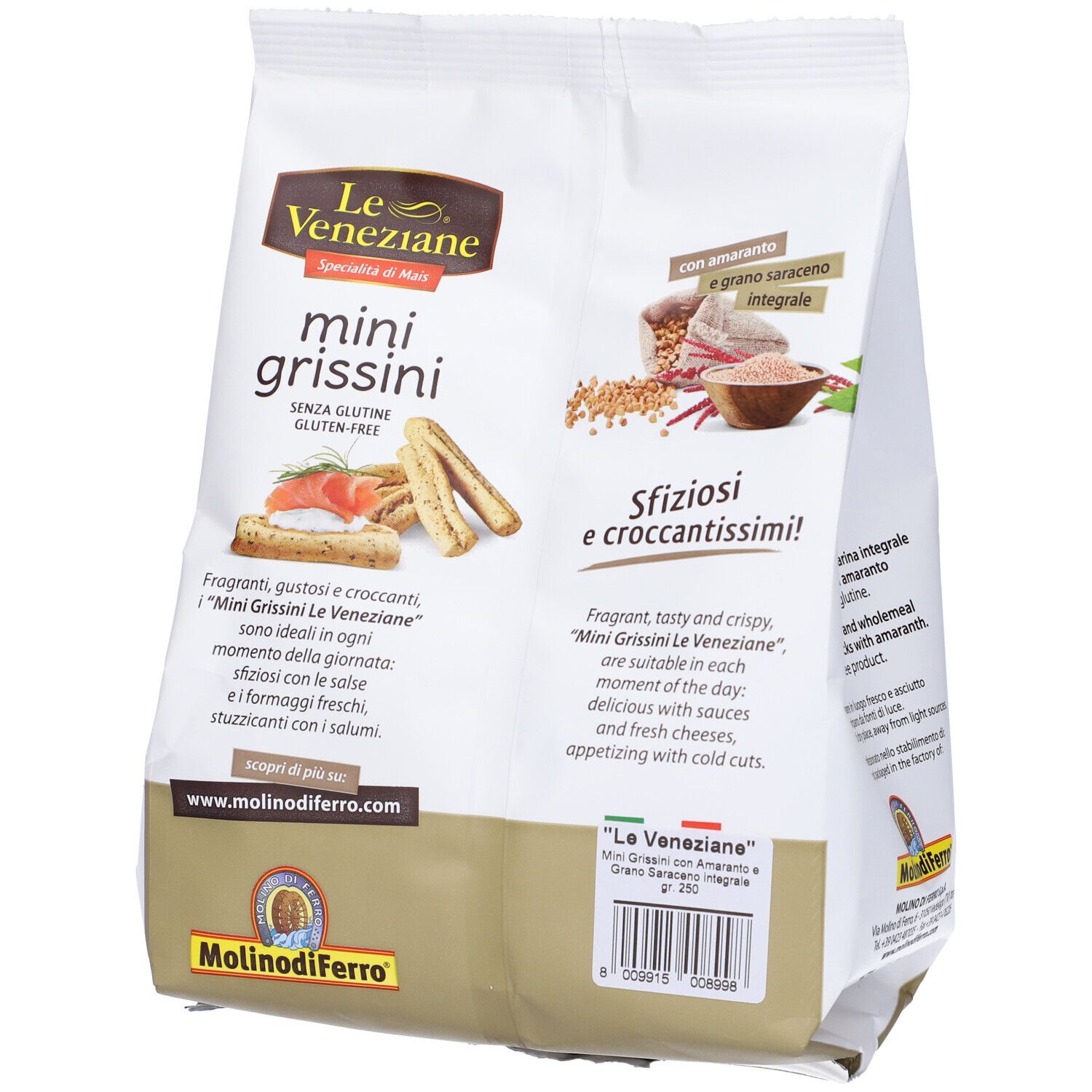 Confezione di mini grissini senza glutine. Contiene amaranto e grano saraceno. Marca: Le Veneziane.