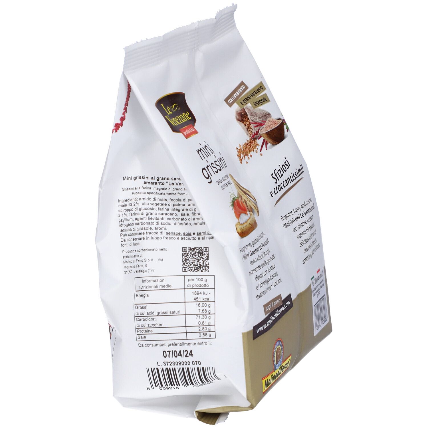 Confezione di mini grissini senza glutine. Contiene amaranto e grano saraceno. Marca: Le Veneziane.