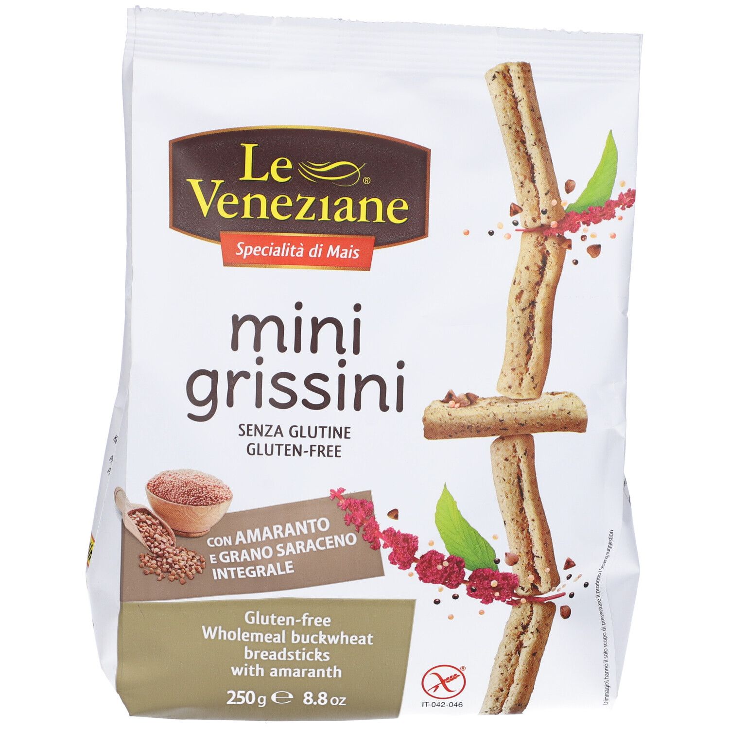 Confezione di mini grissini senza glutine. Contiene amaranto e grano saraceno. Marca: Le Veneziane.
