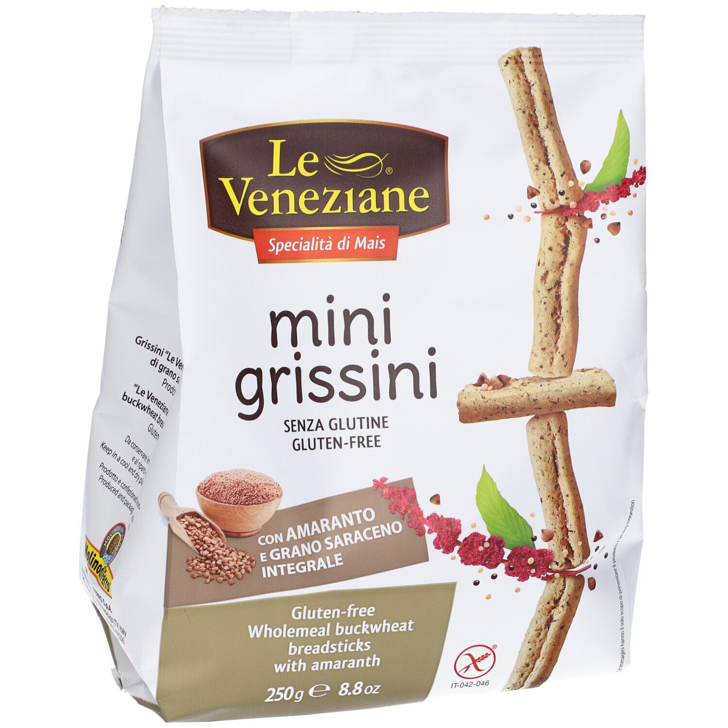 Confezione di mini grissini senza glutine. Contiene amaranto e grano saraceno. Marca: Le Veneziane.