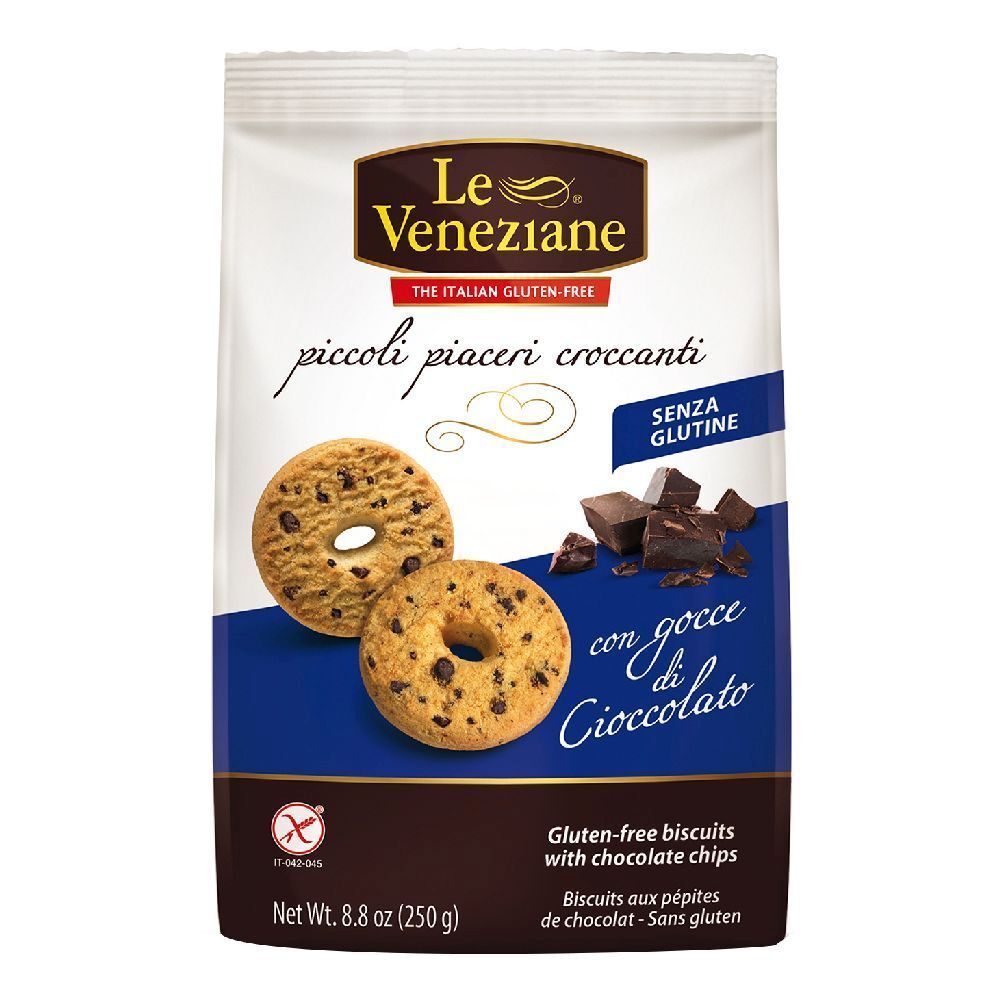 Confezione di biscotti senza glutine con gocce di cioccolato. Marchio Le Veneziane. Scritta: piccoli piaceri croccanti.
