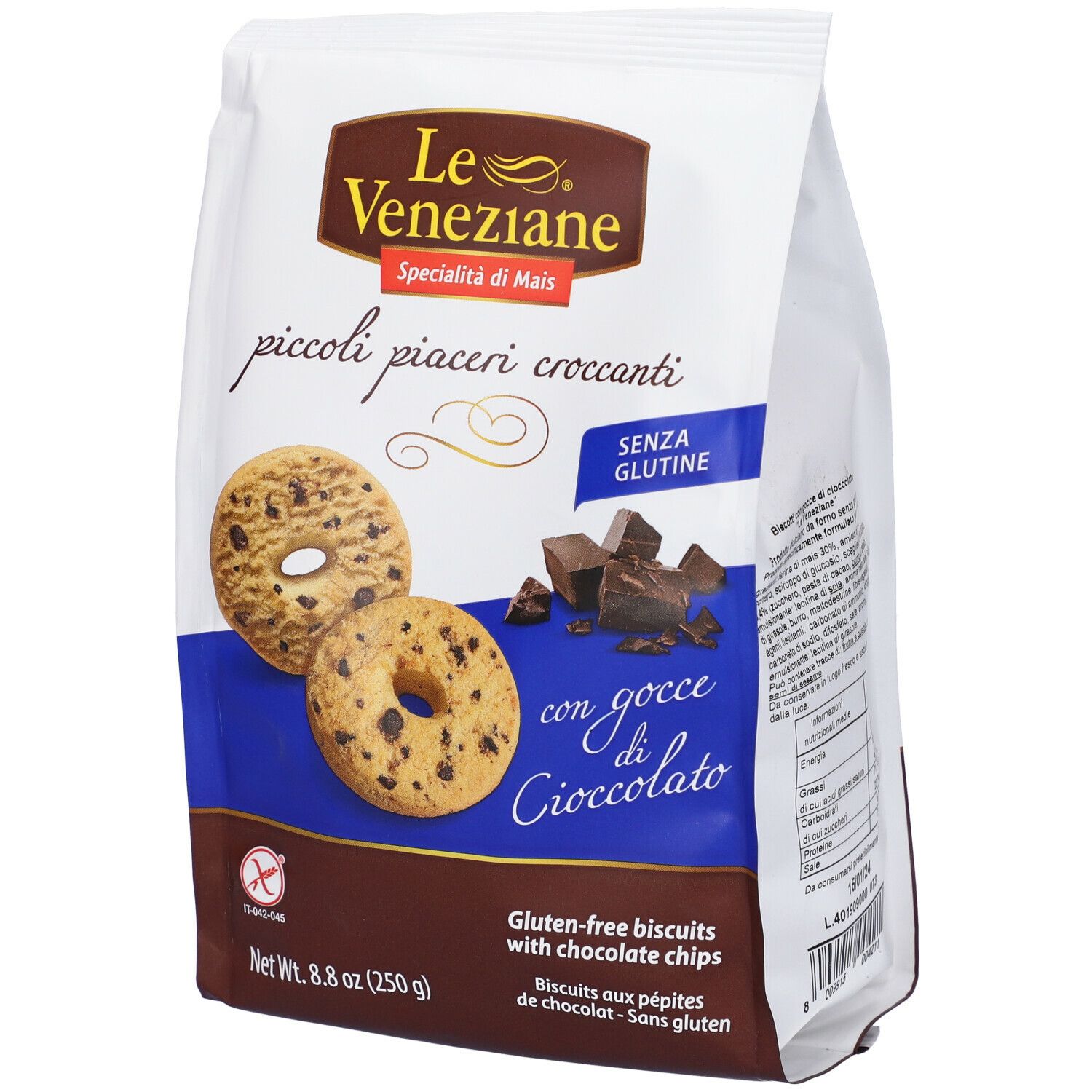 Confezione di biscotti senza glutine con gocce di cioccolato. Marchio Le Veneziane. Scritta: piccoli piaceri croccanti.