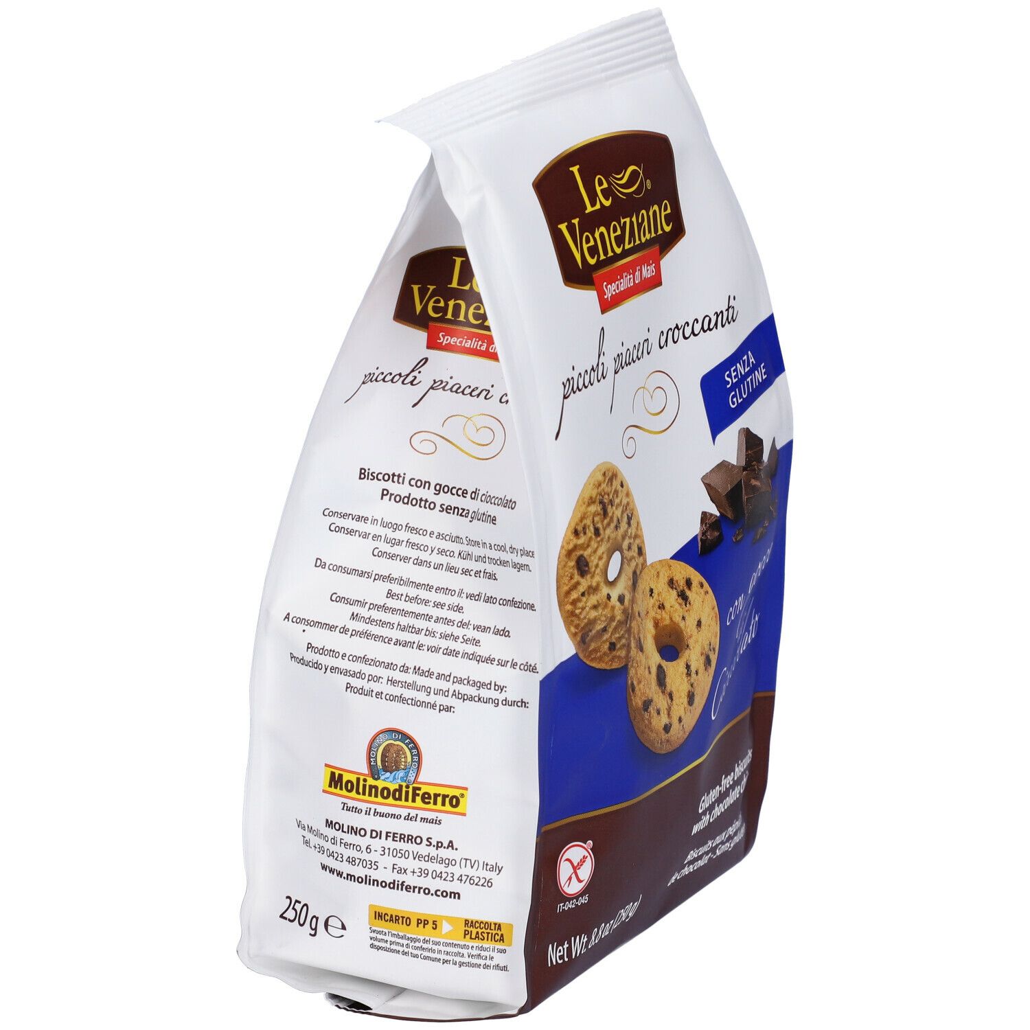 Confezione di biscotti senza glutine con gocce di cioccolato inclinata. Marchio Le Veneziane. Scritta: piccoli piaceri croccanti.