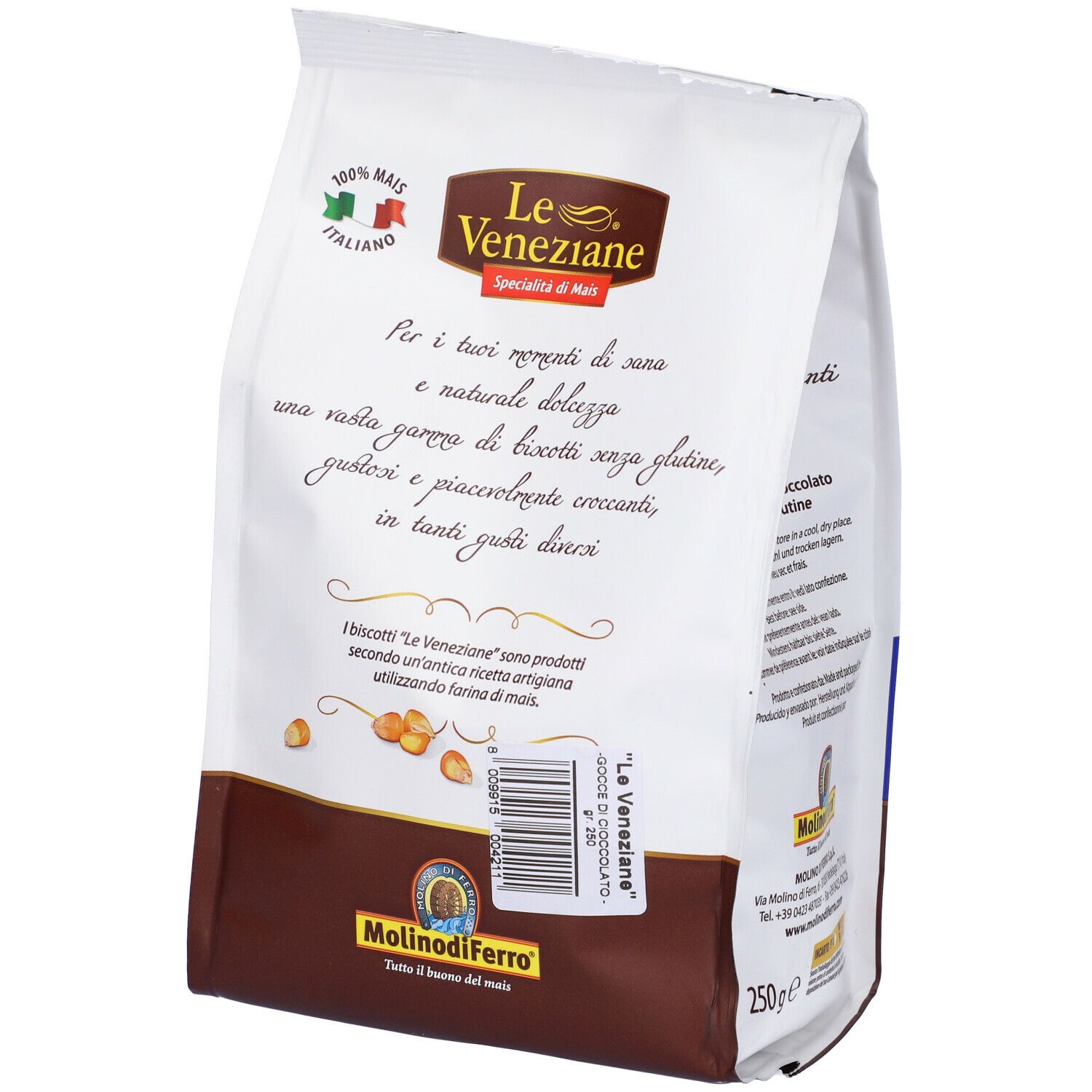 Retro della confezione di biscotti senza glutine. Marchio Le Veneziane. Testo e informazioni nutrizionali.