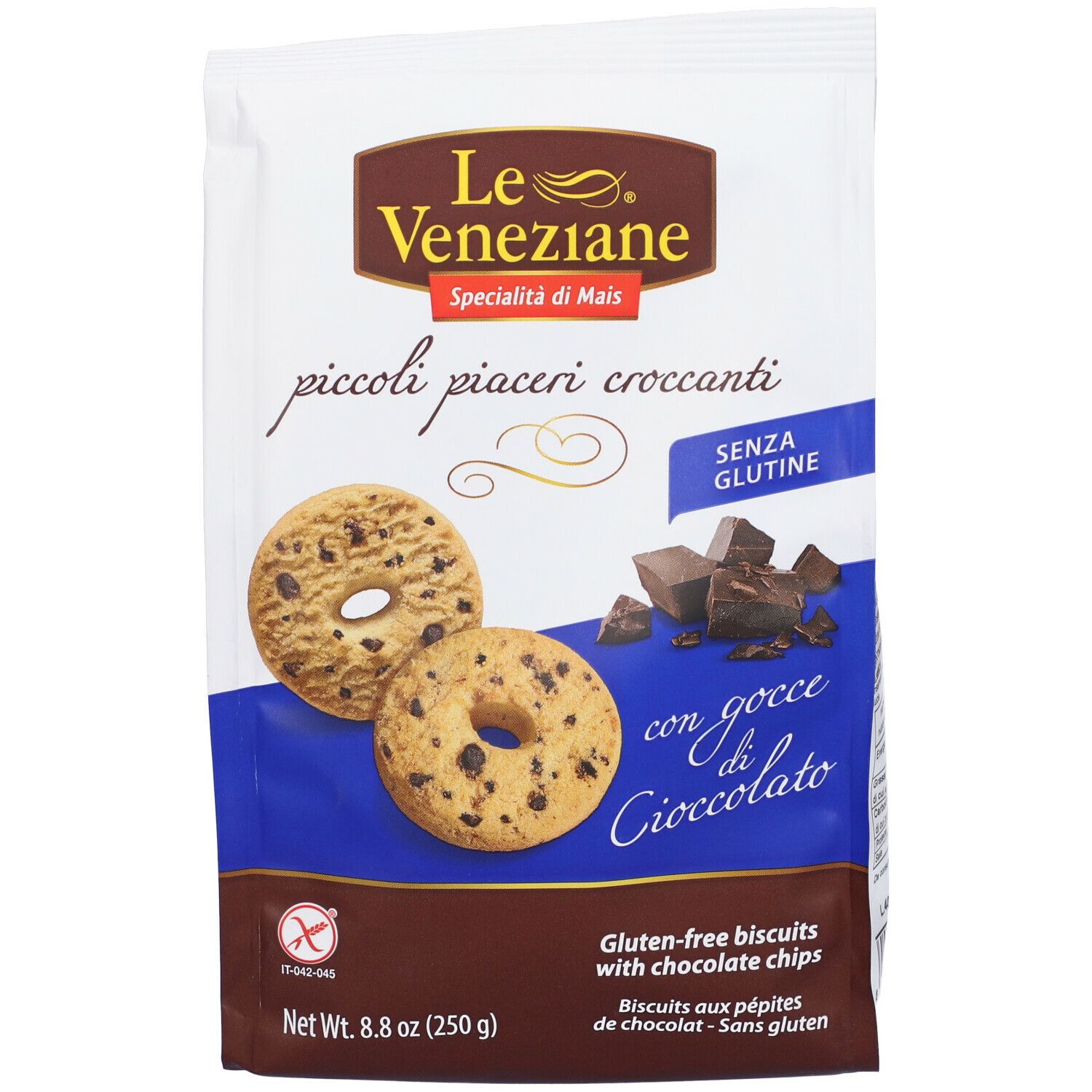 Confezione di biscotti senza glutine con gocce di cioccolato. Marchio Le Veneziane. Scritta: piccoli piaceri croccanti.