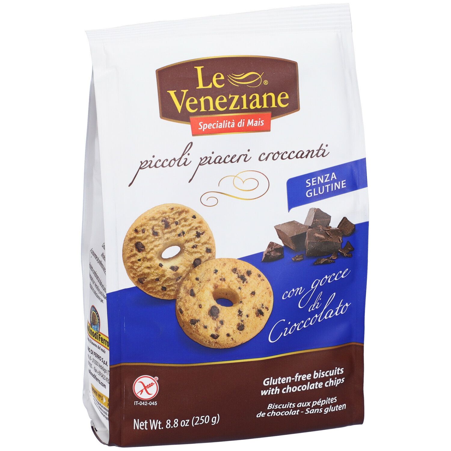 Confezione di biscotti senza glutine con gocce di cioccolato. Marchio Le Veneziane. Scritta: piccoli piaceri croccanti.