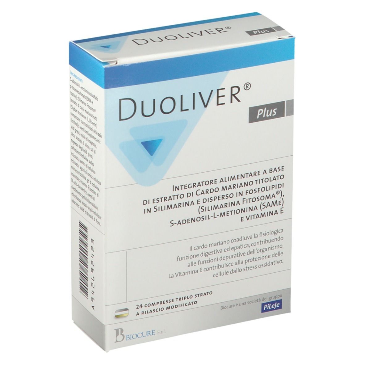 Scatola DUOLIVER® Plus. Confezione blu e bianca. Contiene 24 compresse. Testo: Integratore alimentare.