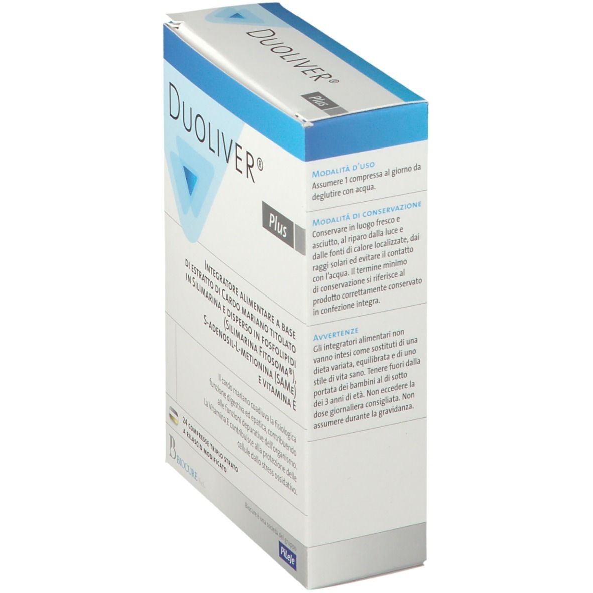 Scatola DUOLIVER® Plus, angolata. Confezione blu e bianca. Testo: Integratore alimentare. Contiene istruzioni.