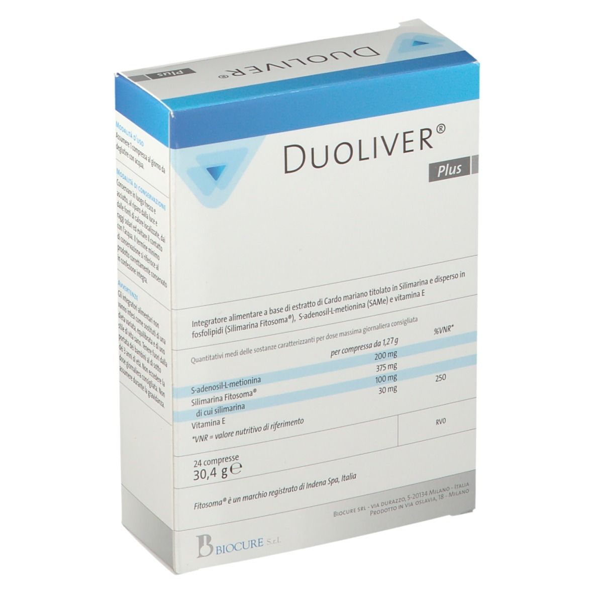 Scatola DUOLIVER® Plus. Confezione blu e bianca. Contiene 24 compresse. Informazioni nutrizionali visibili.