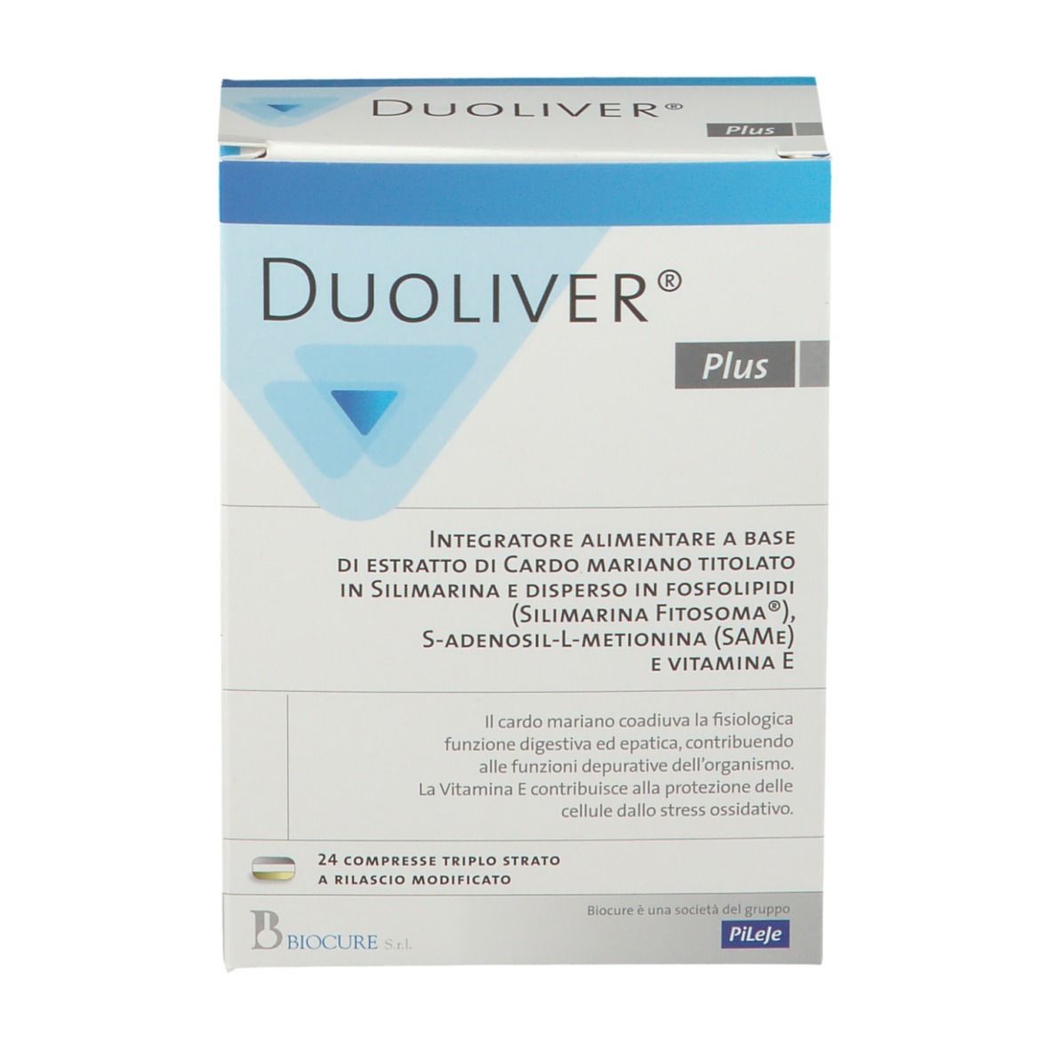 Scatola DUOLIVER® Plus. Confezione blu e bianca. Contiene 24 compresse. Testo: Integratore alimentare.