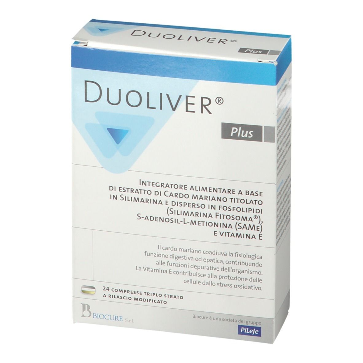 Scatola DUOLIVER® Plus. Confezione blu e bianca. Contiene 24 compresse. Testo: Integratore alimentare.