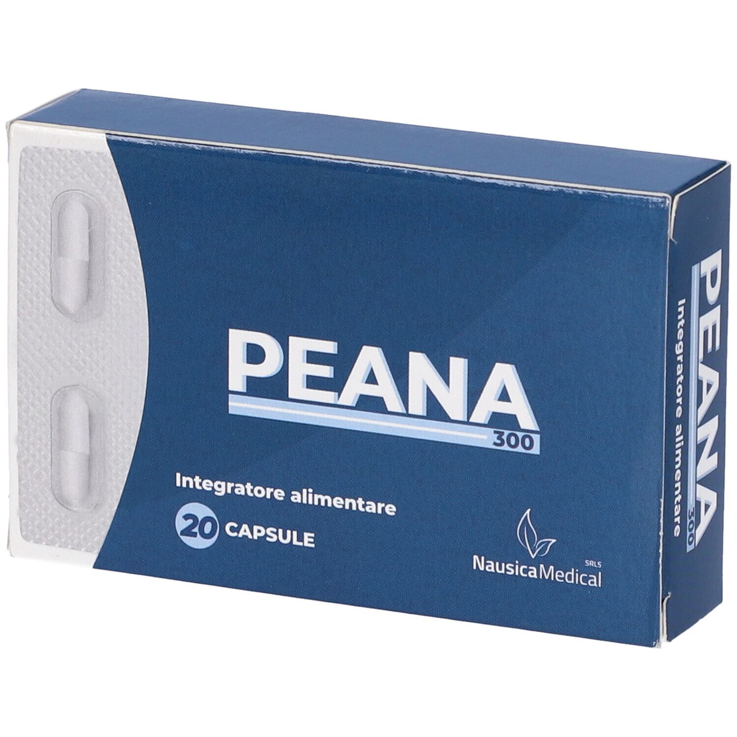 Scatola blu e bianca con nome e logo. Due capsule in blister.