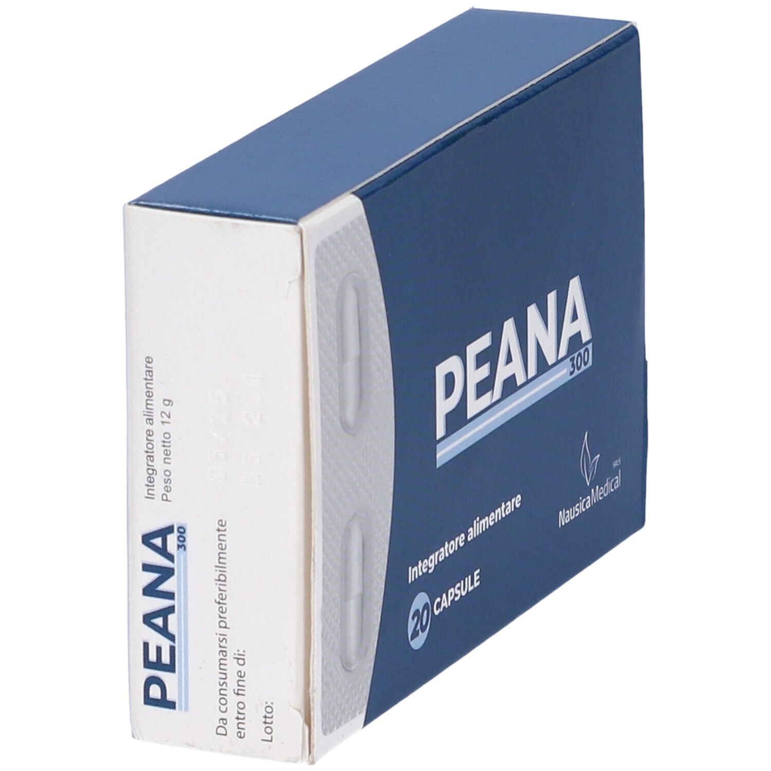 Scatola blu e bianca con nome e logo. Due capsule in blister.