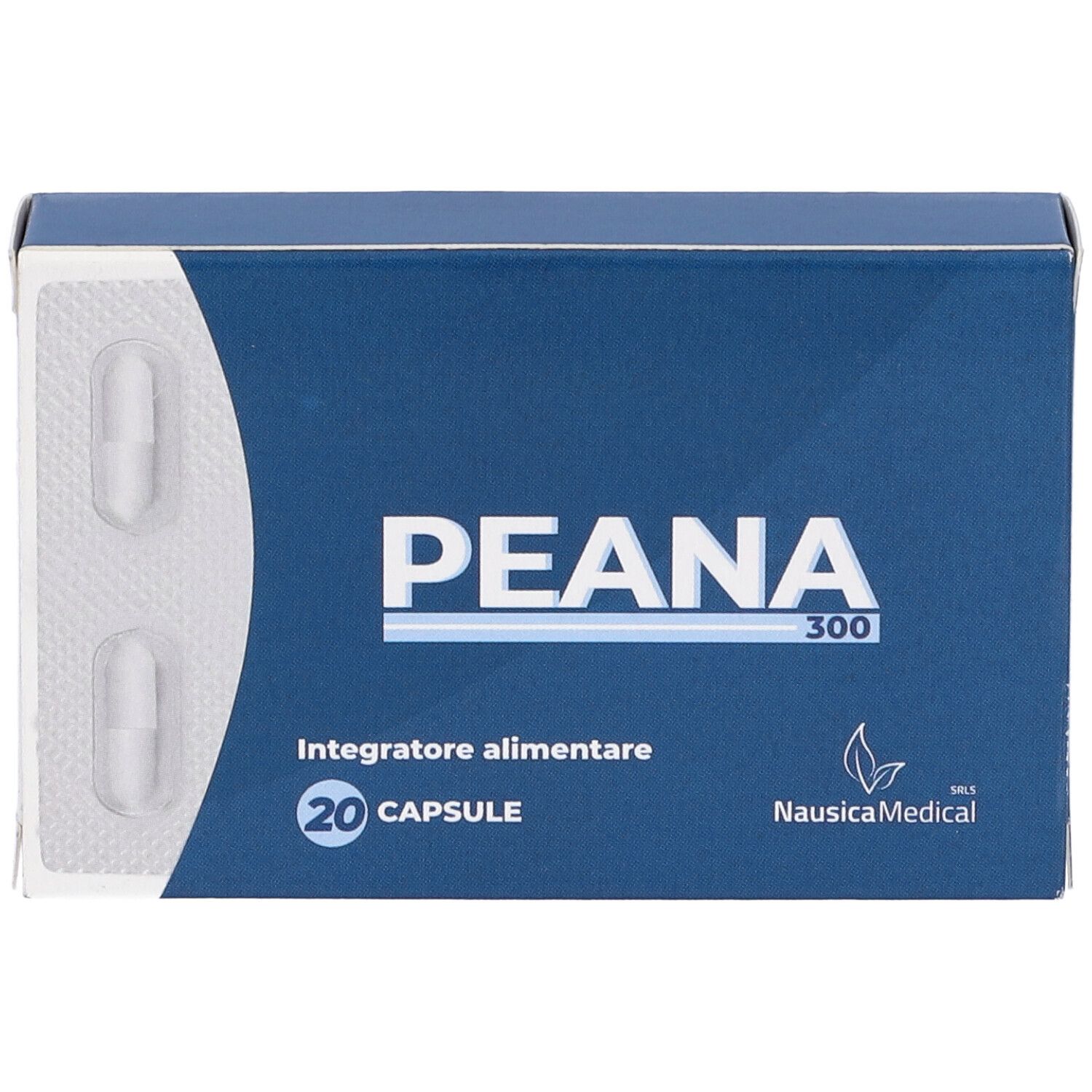Confezione blu con blister di due capsule. Nome del prodotto e logo visibili.