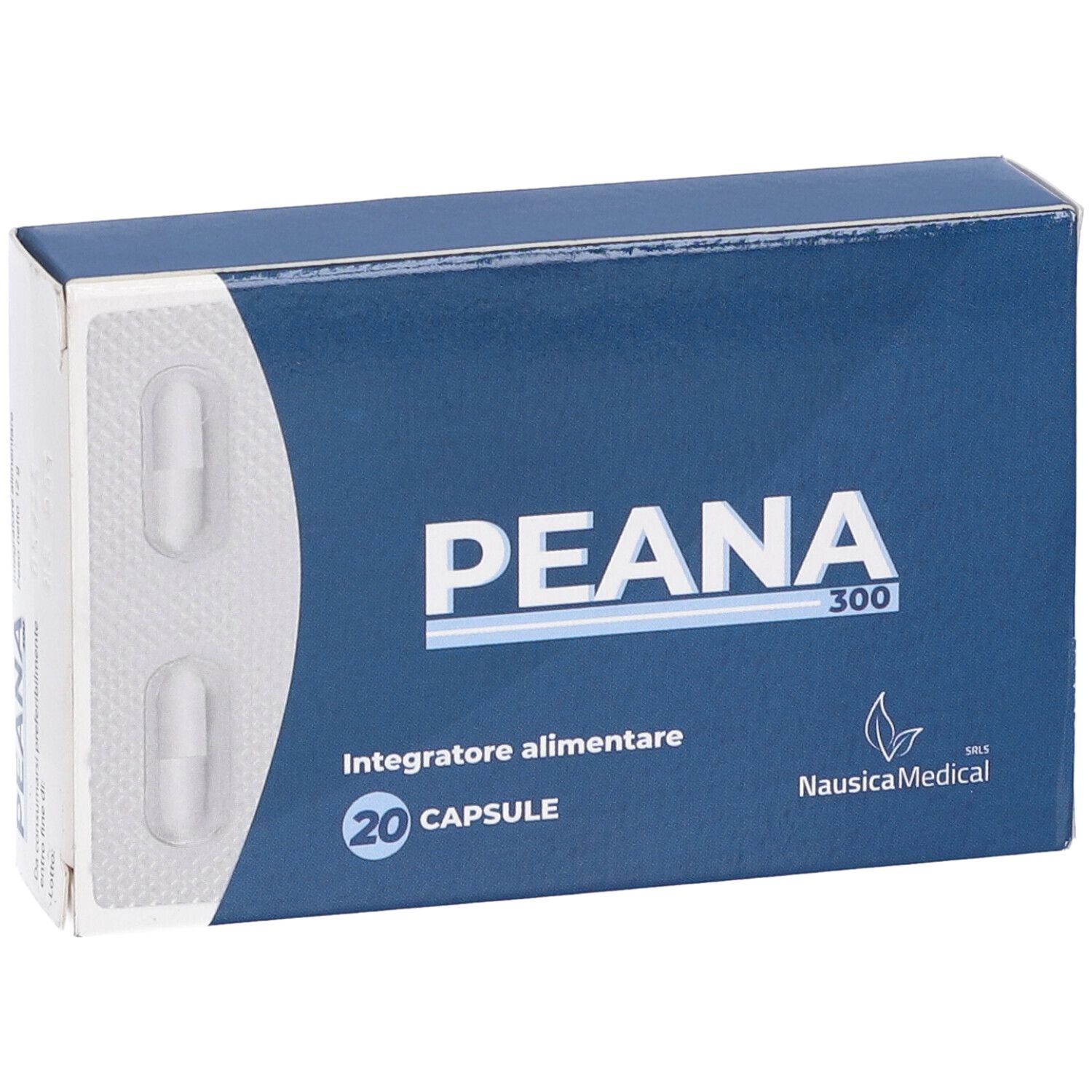 Confezione blu con blister di due capsule. Nome del prodotto e logo visibili.